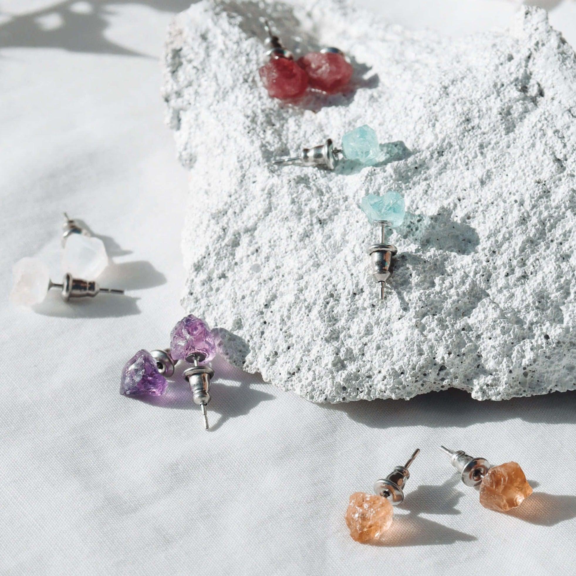 Pink Tourmaline Raw Crystal Stud Earrings - Pink Tourmaline Raw Crystal Stud Earrings - Sterling Silver - Luna Tide Handmade Crystal Jewellery