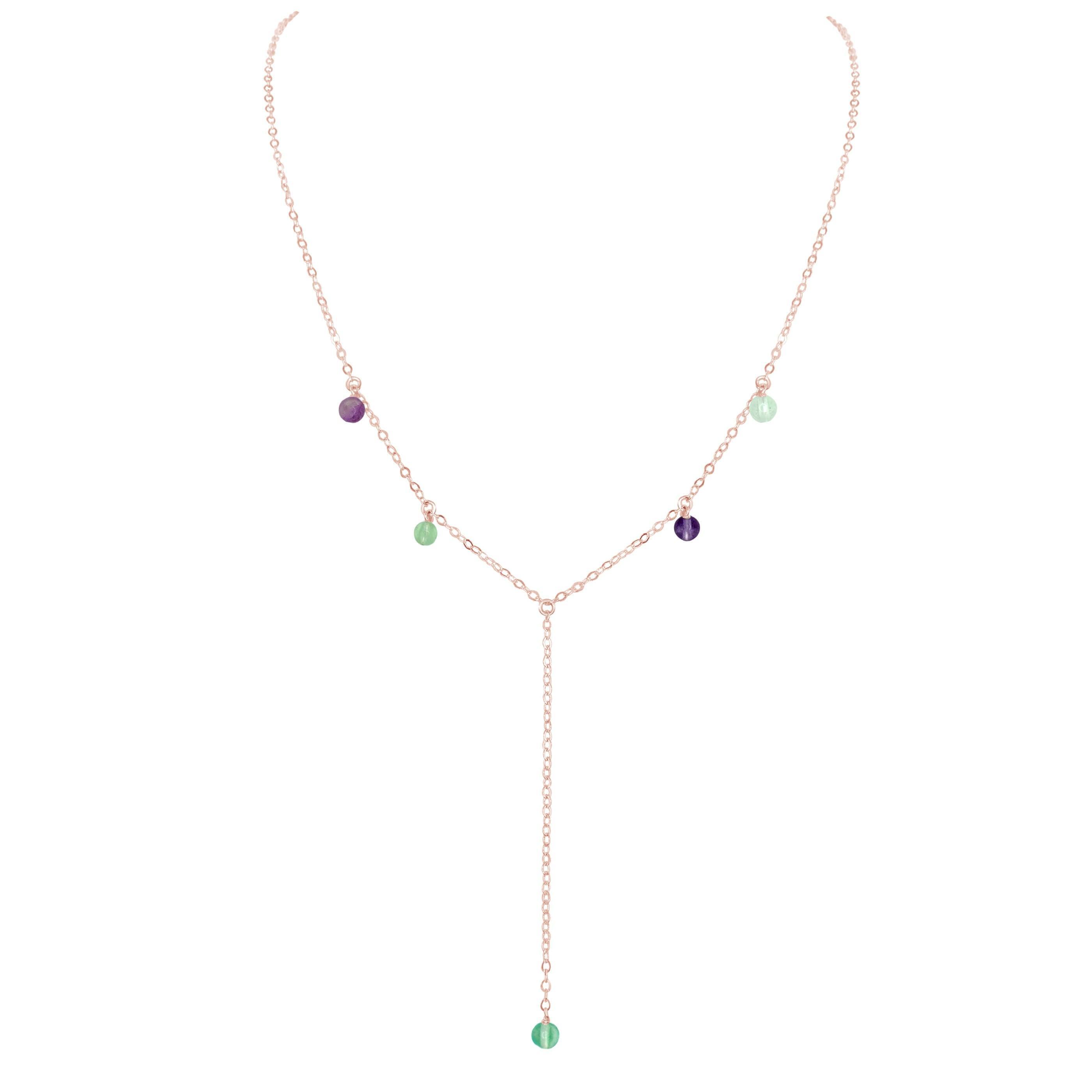 Rainbow Fluorite Crystal Boho Lariat Necklace - Rainbow Fluorite Crystal Boho Lariat Necklace - 14k Rose Gold Fill - Luna Tide Handmade Crystal Jewellery