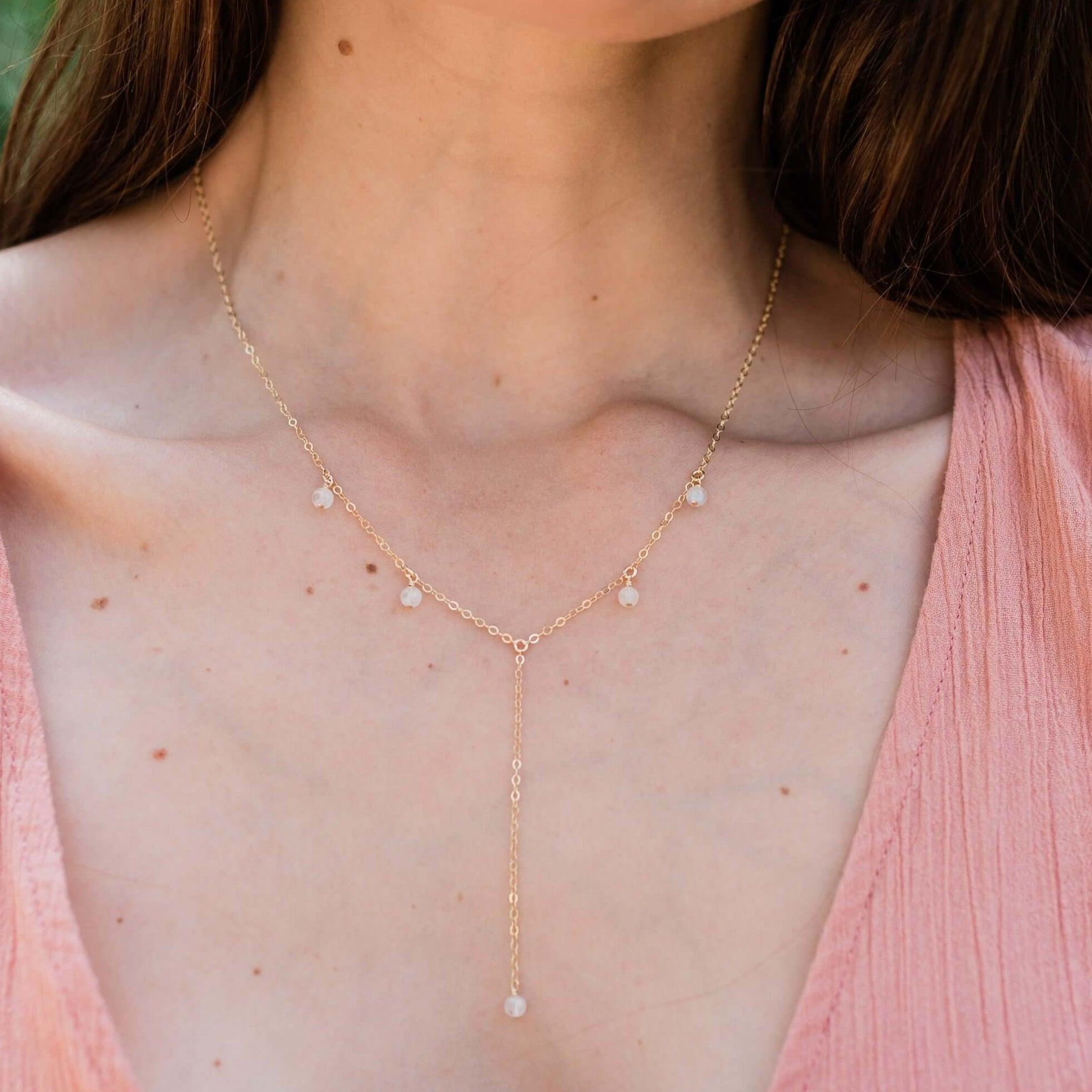 Rainbow Moonstone Boho Lariat Necklace - Rainbow Moonstone Boho Lariat Necklace - 14k Gold Fill - Luna Tide Handmade Crystal Jewellery