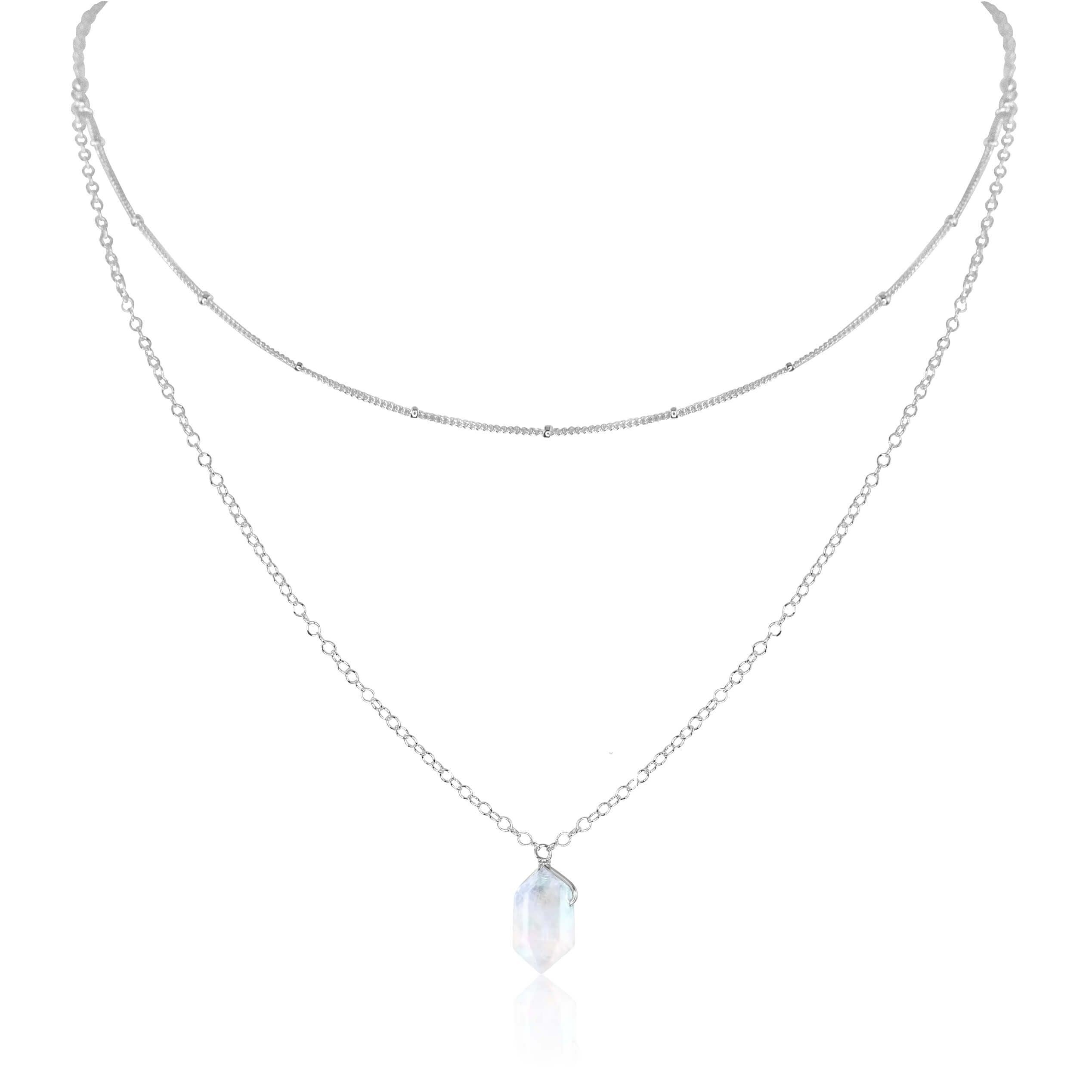 Rainbow Moonstone Double Terminated Crystal Chain Layered Choker Necklace - Rainbow Moonstone Double Terminated Crystal Chain Layered Choker Necklace - Sterling Silver - Luna Tide Handmade Crystal Jewellery
