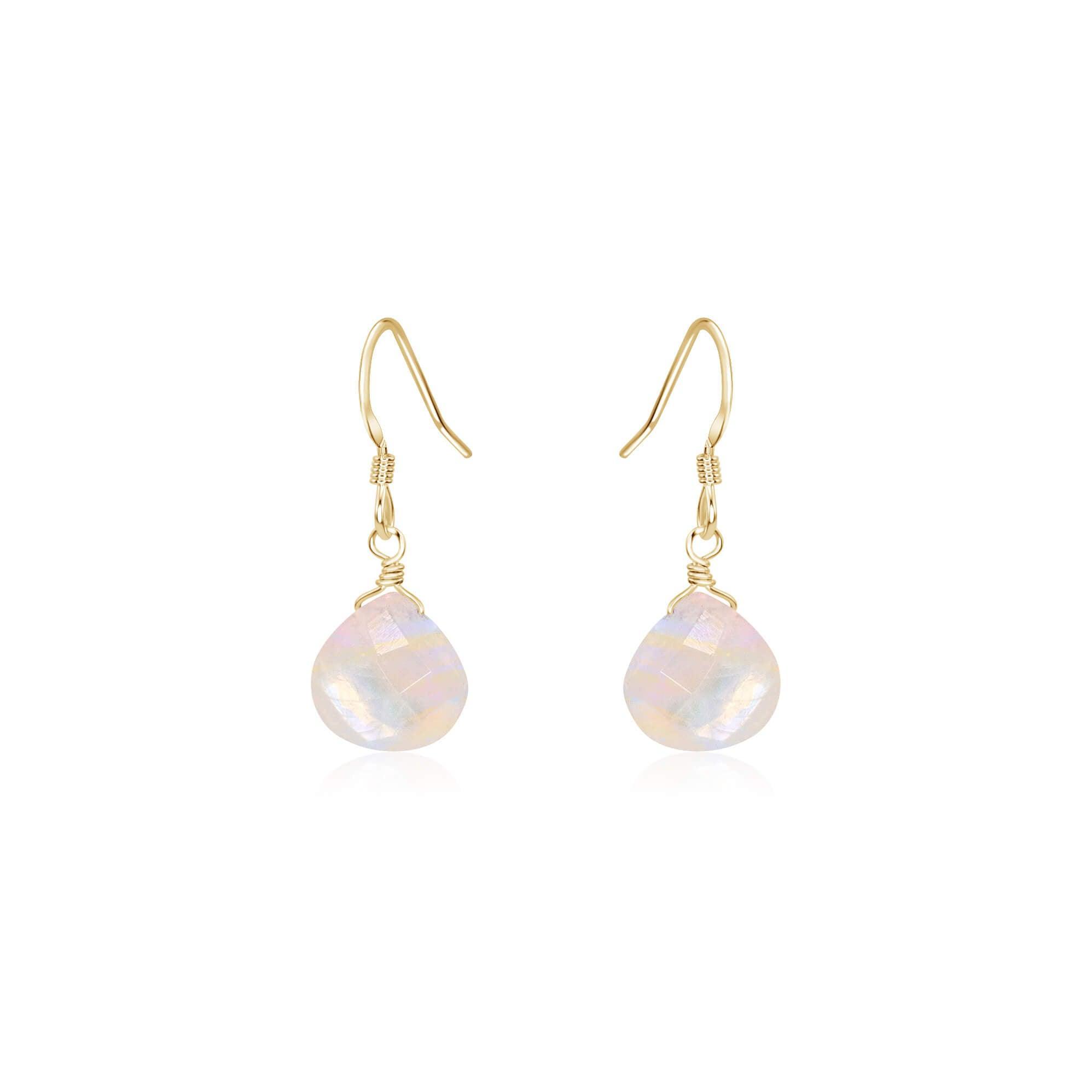 Rainbow Moonstone Gemstone Teardrop Dangle Earrings - Rainbow Moonstone Gemstone Teardrop Dangle Earrings - 14k Gold Fill - Luna Tide Handmade Crystal Jewellery
