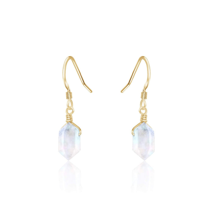 Rainbow Moonstone Mini Double Terminated Crystal Point Dangle Drop Earrings - Rainbow Moonstone Mini Double Terminated Crystal Point Dangle Drop Earrings - 14k Gold Fill - Luna Tide Handmade Crystal Jewellery