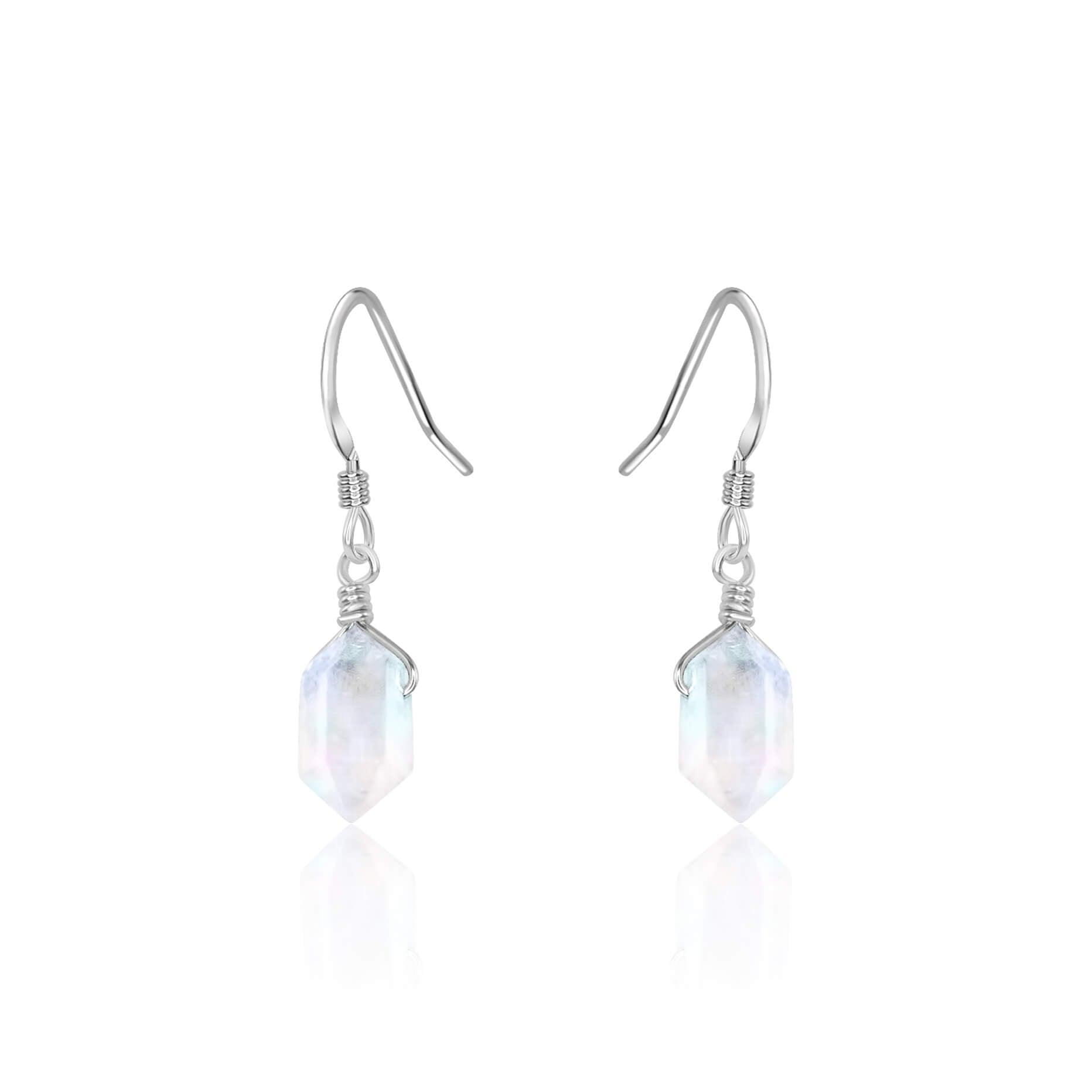 Rainbow Moonstone Mini Double Terminated Crystal Point Dangle Drop Earrings - Rainbow Moonstone Mini Double Terminated Crystal Point Dangle Drop Earrings - Sterling Silver - Luna Tide Handmade Crystal Jewellery
