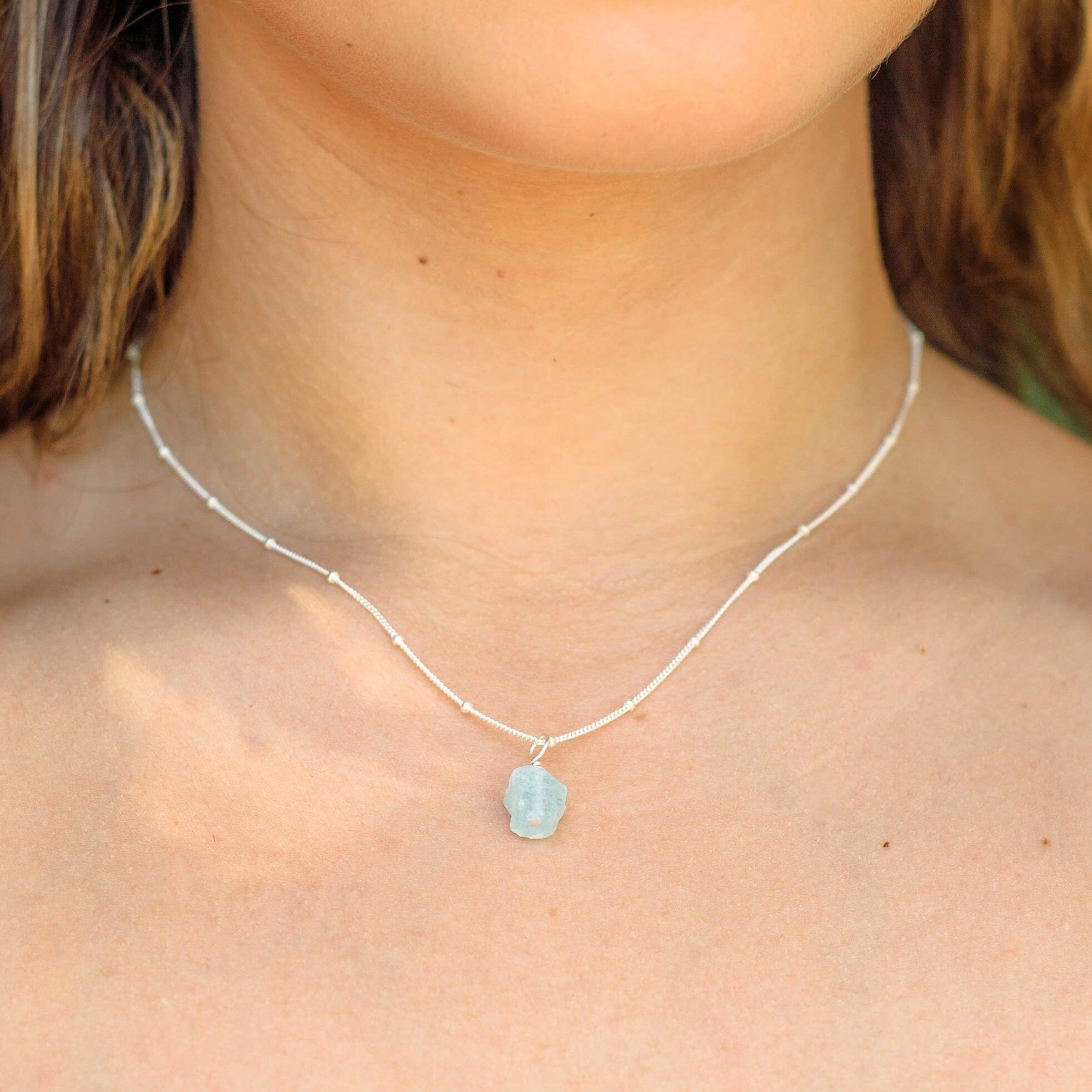 Raw Aquamarine Natural Crystal Pendant Necklace - Raw Aquamarine Natural Crystal Pendant Necklace - Sterling Silver / Satellite - Luna Tide Handmade Crystal Jewellery