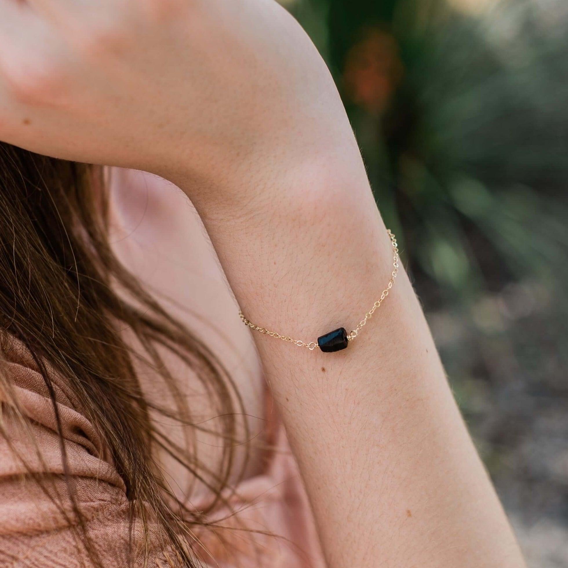 Raw Black Tourmaline Crystal Nugget Bracelet - Raw Black Tourmaline Crystal Nugget Bracelet - Sterling Silver - Luna Tide Handmade Crystal Jewellery