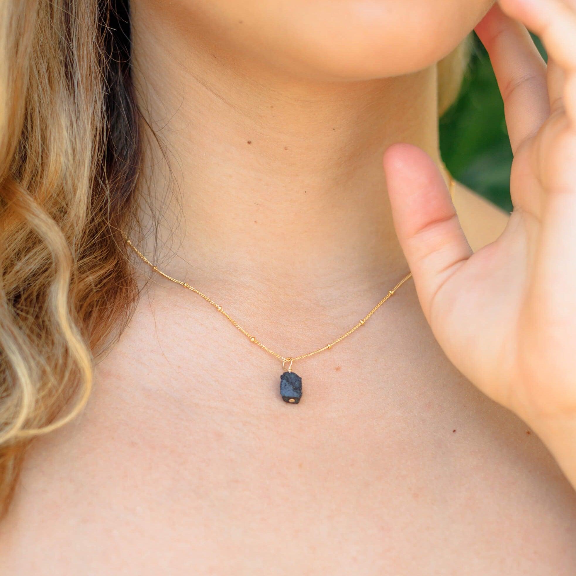 Raw Black Tourmaline Natural Crystal Pendant Necklace - Raw Black Tourmaline Natural Crystal Pendant Necklace - 14k Gold Fill / Satellite - Luna Tide Handmade Crystal Jewellery