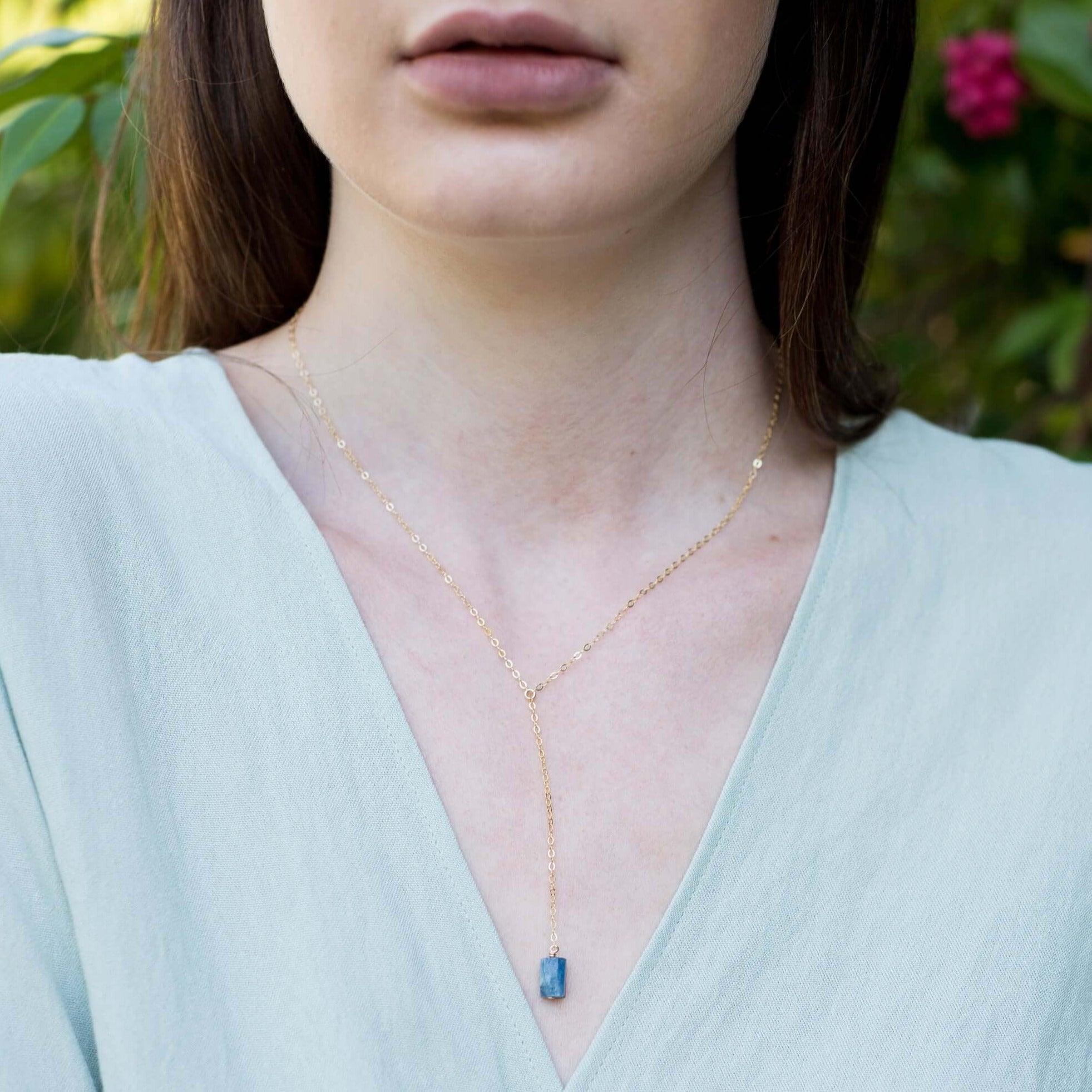 Raw Blue Kyanite Crystal Lariat Necklace - Raw Blue Kyanite Crystal Lariat Necklace - 14k Gold Fill - Luna Tide Handmade Crystal Jewellery