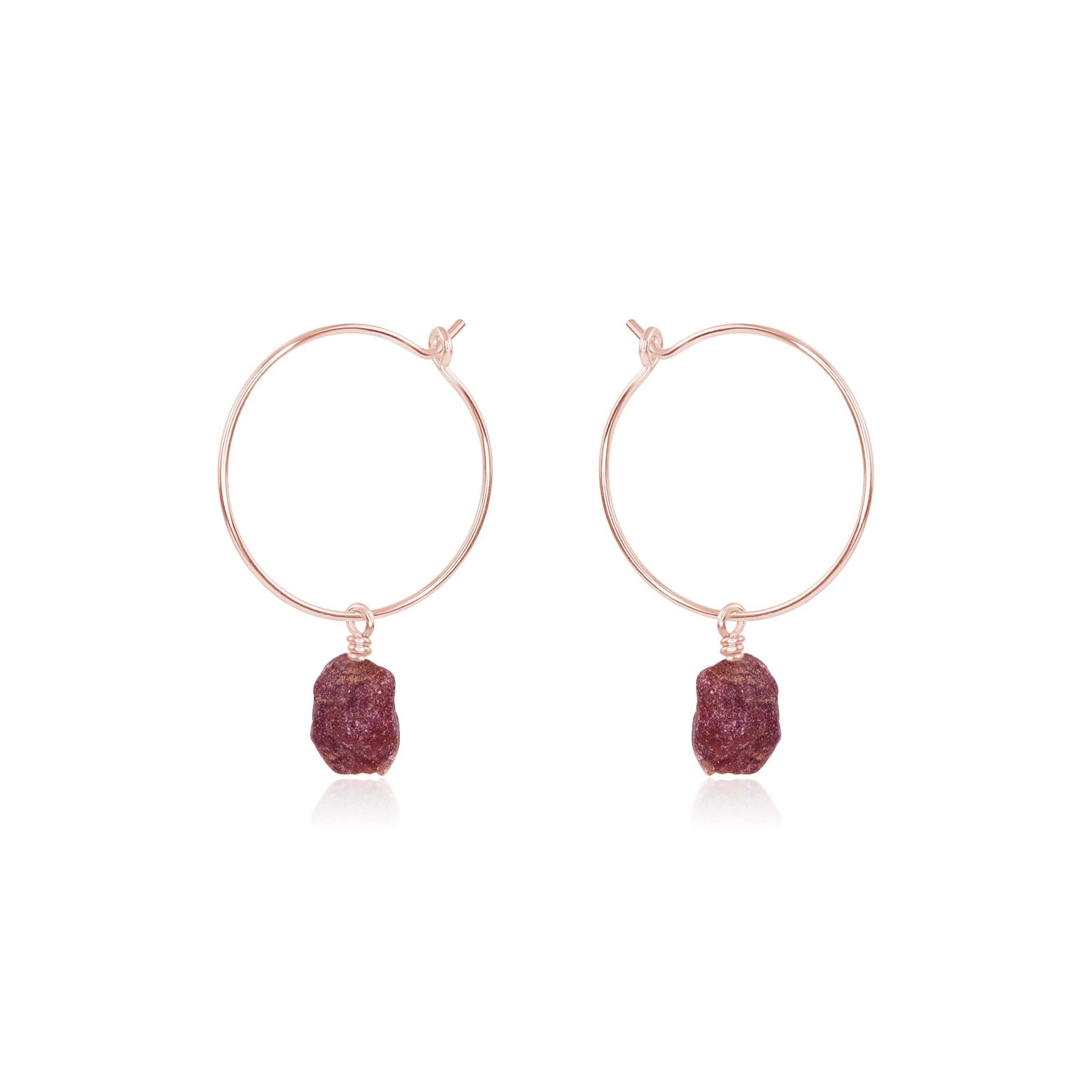 Raw Earth Red Ruby Gemstone Dangle Hoop Earrings - Raw Earth Red Ruby Gemstone Dangle Hoop Earrings - 14k Rose Gold Fill - Luna Tide Handmade Crystal Jewellery