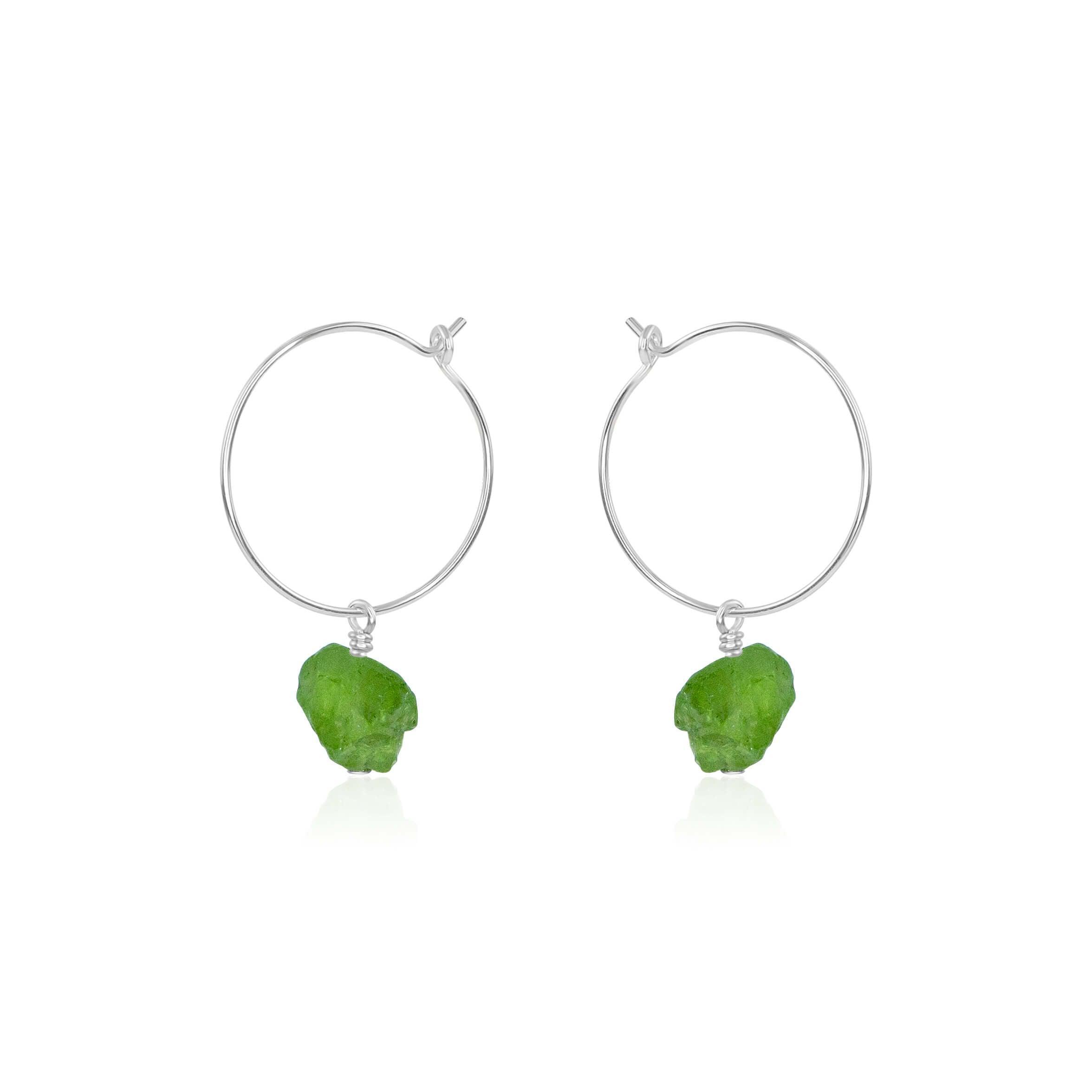 Raw Peridot Gemstone Dangle Hoop Earrings - Raw Peridot Gemstone Dangle Hoop Earrings - Sterling Silver - Luna Tide Handmade Crystal Jewellery