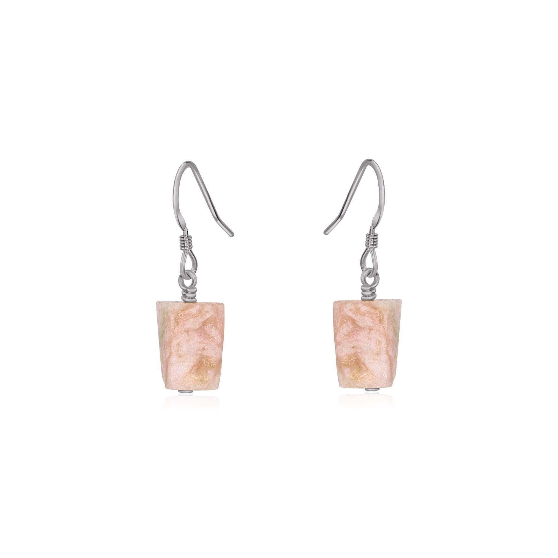 Raw Pink Peruvian Opal Crystal Dangle Drop Earrings - Raw Pink Peruvian Opal Crystal Dangle Drop Earrings - Stainless Steel - Luna Tide Handmade Crystal Jewellery