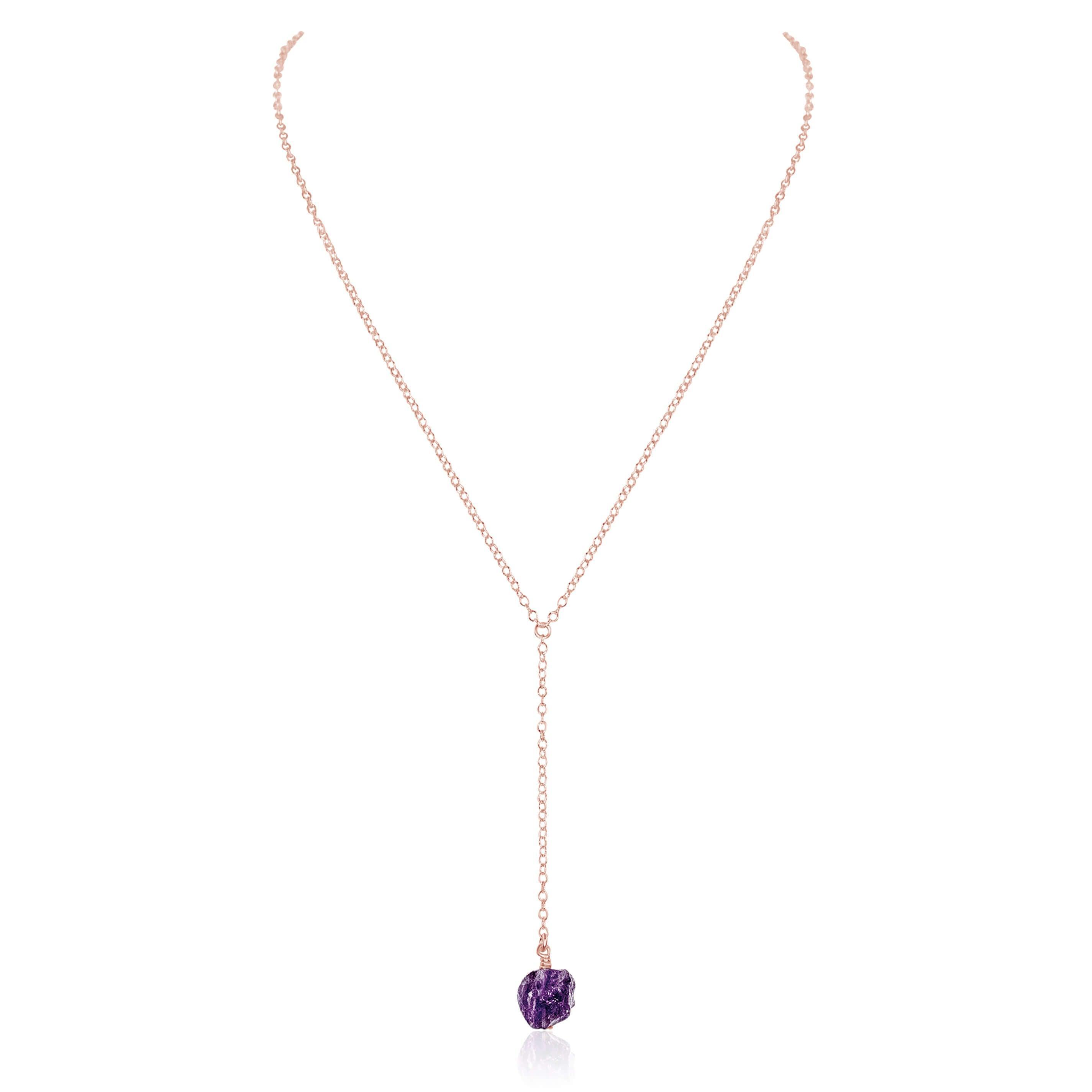 Raw Purple Amethyst Crystal Lariat Necklace - Raw Purple Amethyst Crystal Lariat Necklace - 14k Rose Gold Fill - Luna Tide Handmade Crystal Jewellery
