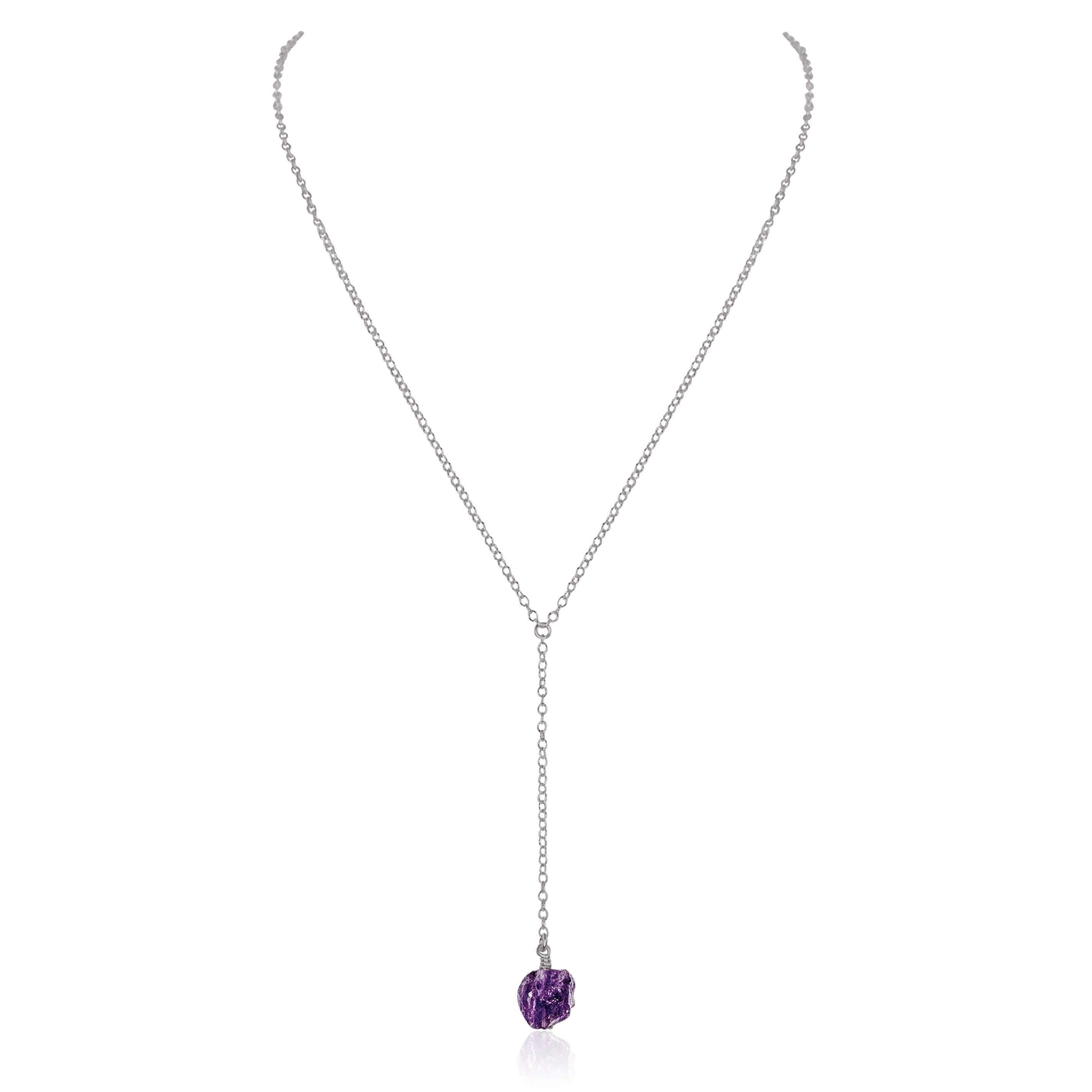 Raw Purple Amethyst Crystal Lariat Necklace - Raw Purple Amethyst Crystal Lariat Necklace - Stainless Steel - Luna Tide Handmade Crystal Jewellery