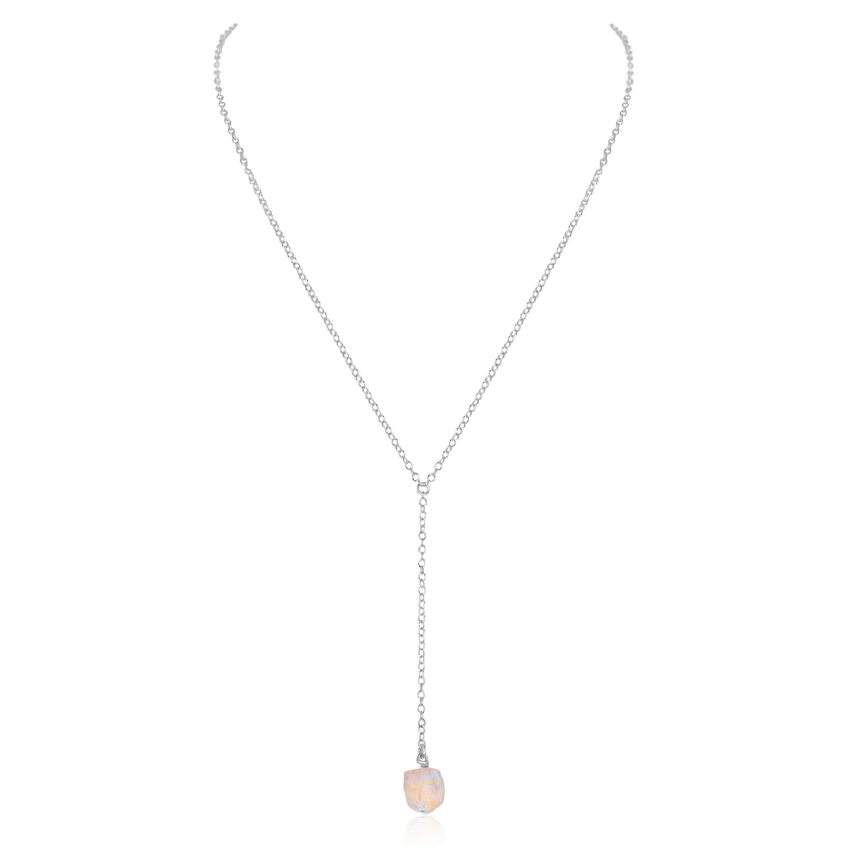Raw Rainbow Moonstone Crystal Lariat Necklace - Raw Rainbow Moonstone Crystal Lariat Necklace - Sterling Silver - Luna Tide Handmade Crystal Jewellery
