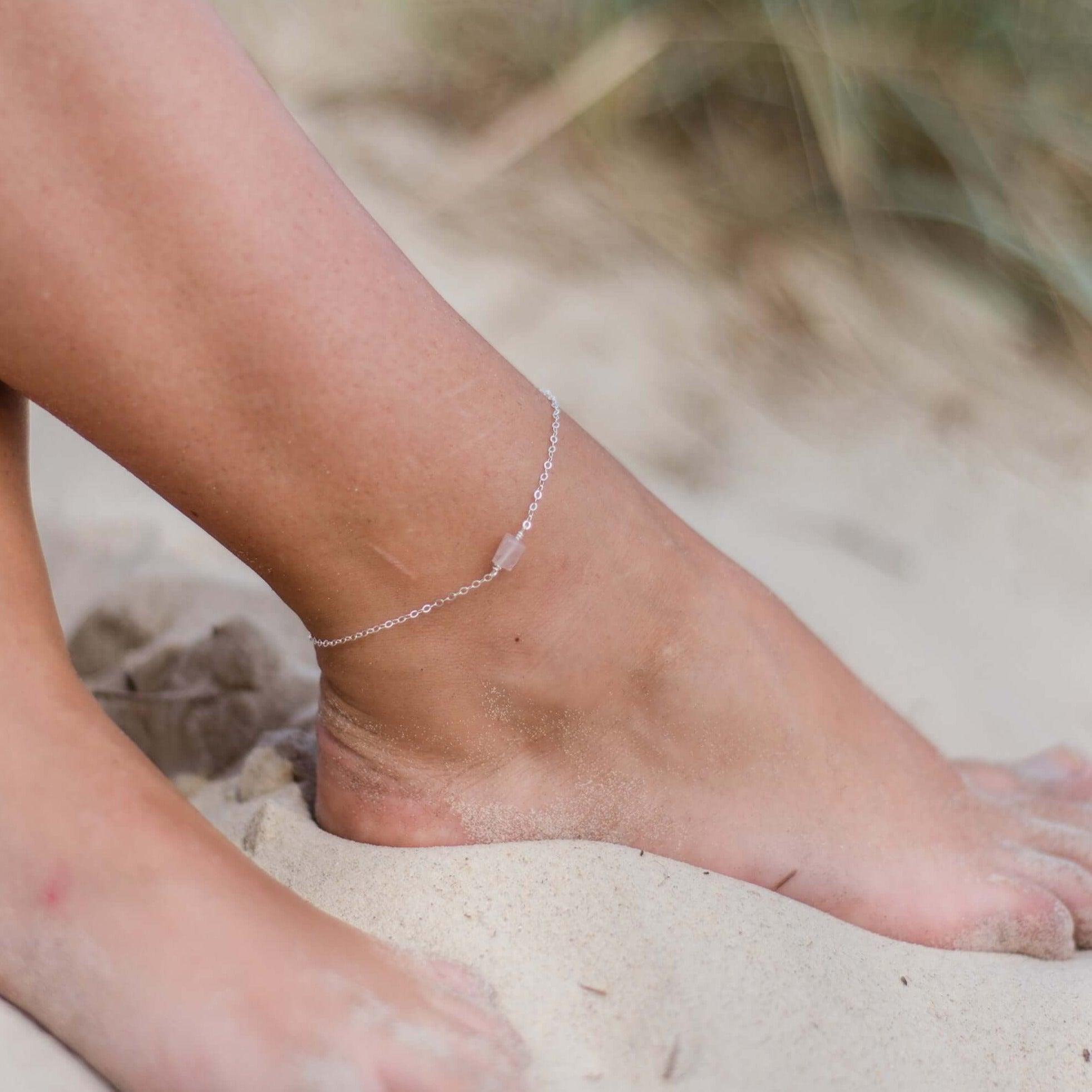 Raw Rose Quartz Crystal Nugget Anklet - Raw Rose Quartz Crystal Nugget Anklet - Sterling Silver - Luna Tide Handmade Crystal Jewellery