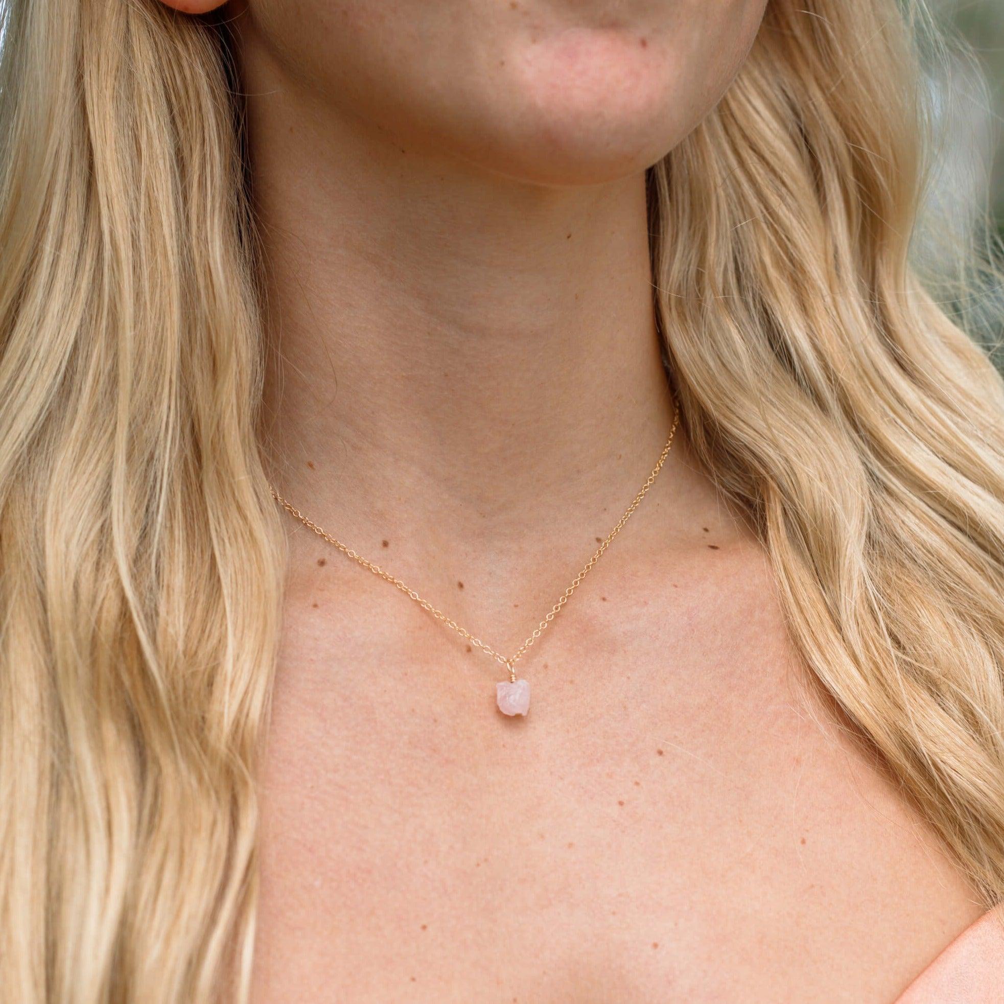 Raw Rose Quartz Natural Crystal Pendant Necklace - Raw Rose Quartz Natural Crystal Pendant Necklace - 14k Gold Fill / Satellite - Luna Tide Handmade Crystal Jewellery