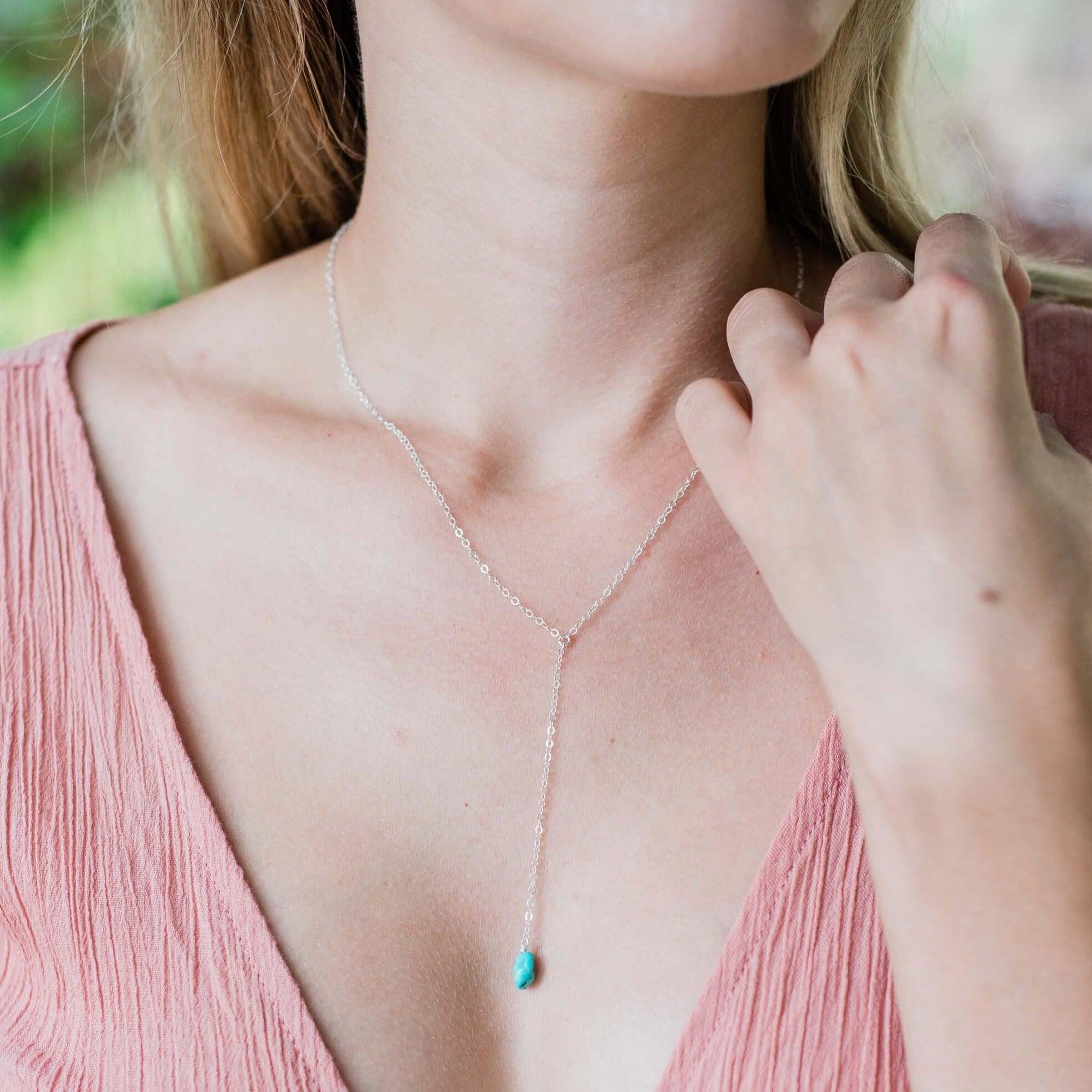 Raw Turquoise Crystal Lariat Necklace - Raw Turquoise Crystal Lariat Necklace - Sterling Silver - Luna Tide Handmade Crystal Jewellery