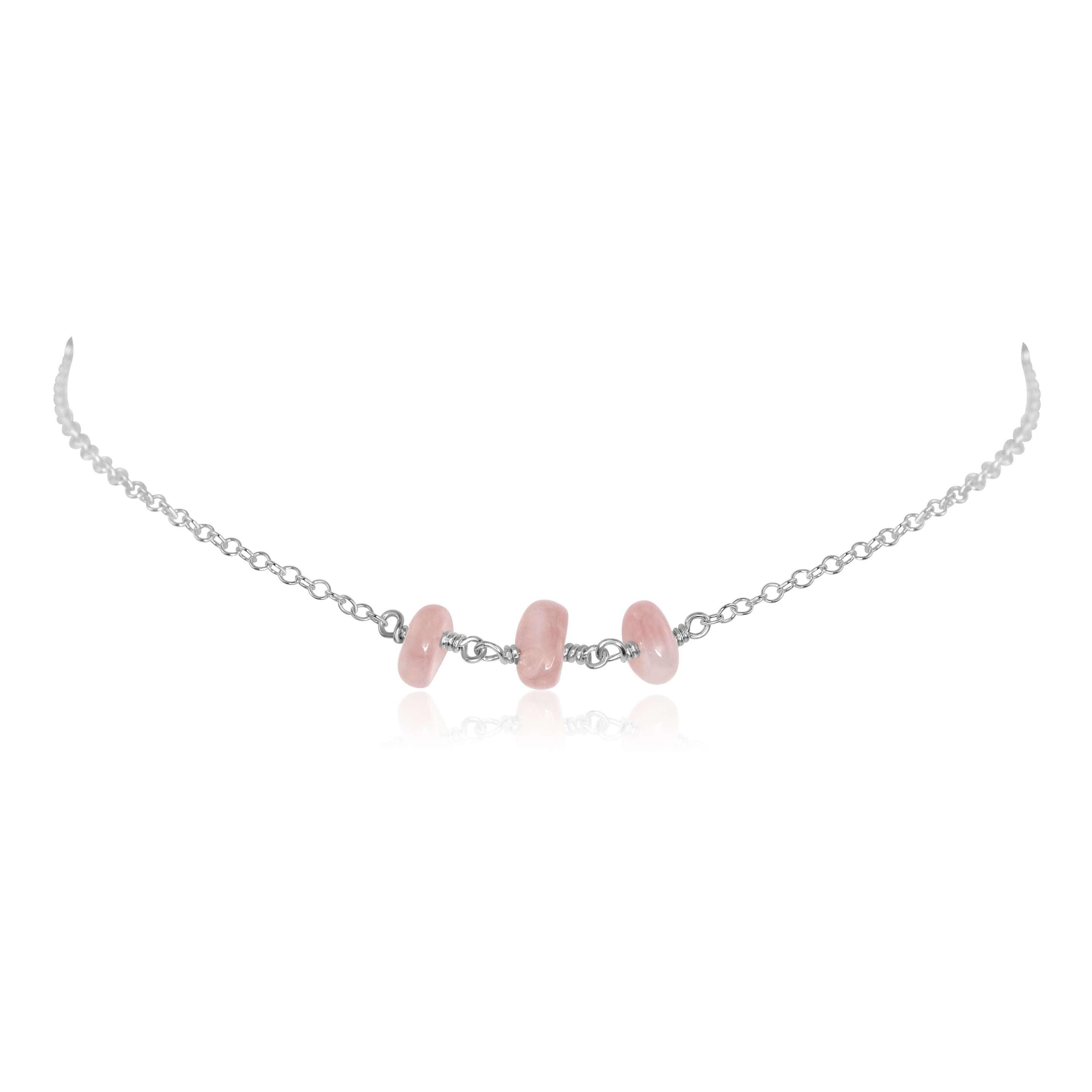 Rose Quartz Beaded Chain Choker Necklace - Rose Quartz Beaded Chain Choker Necklace - Sterling Silver - Luna Tide Handmade Crystal Jewellery