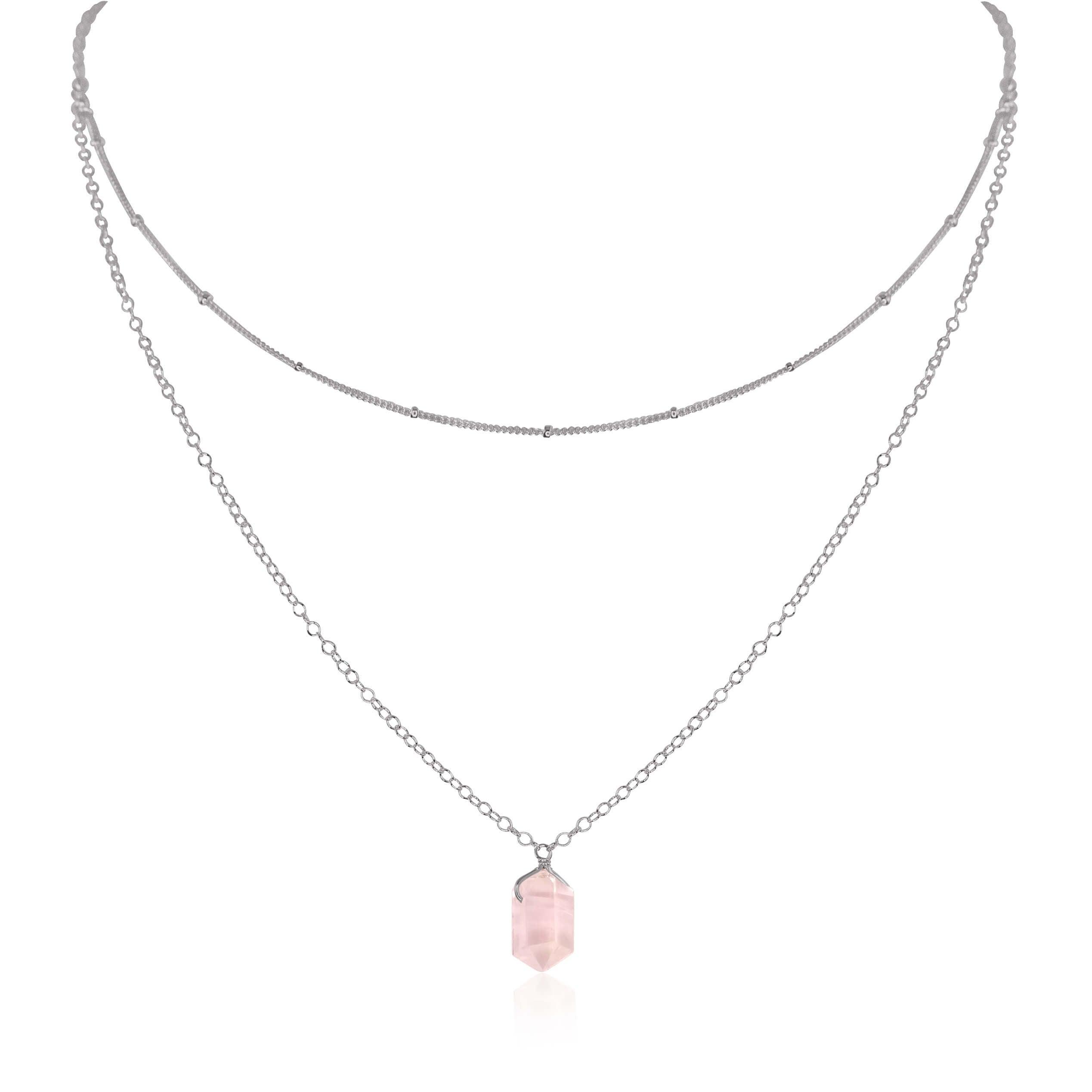 Rose Quartz Double Terminated Crystal Chain Layered Choker Necklace - Rose Quartz Double Terminated Crystal Chain Layered Choker Necklace - Stainless Steel - Luna Tide Handmade Crystal Jewellery