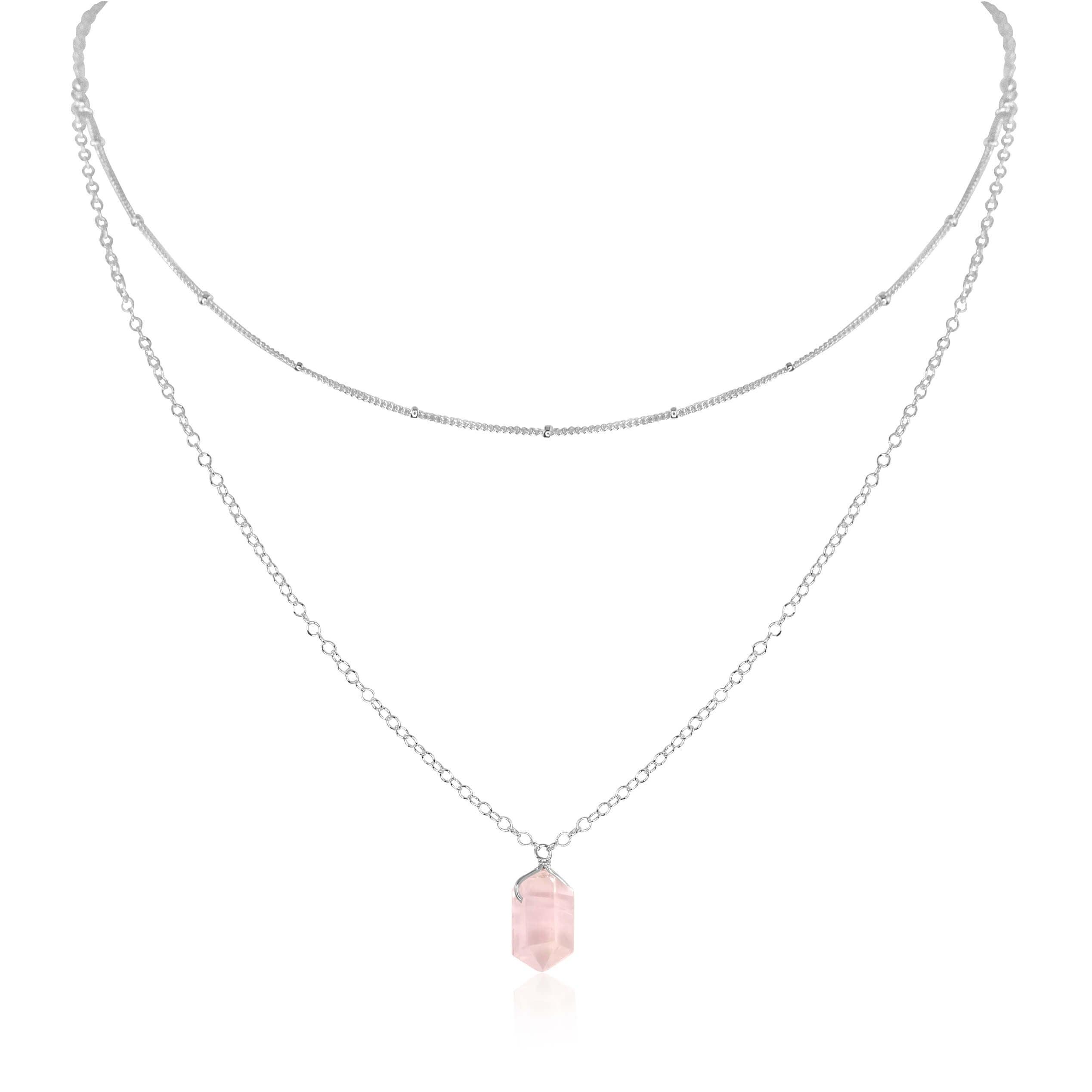 Rose Quartz Double Terminated Crystal Chain Layered Choker Necklace - Rose Quartz Double Terminated Crystal Chain Layered Choker Necklace - Sterling Silver - Luna Tide Handmade Crystal Jewellery