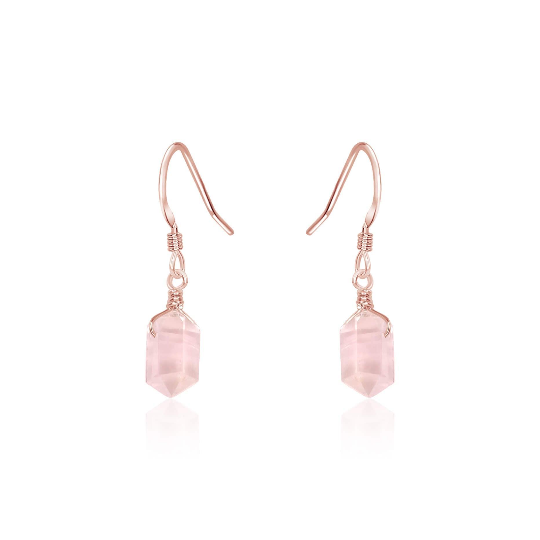Rose Quartz Mini Double Terminated Crystal Point Dangle Drop Earrings - Rose Quartz Mini Double Terminated Crystal Point Dangle Drop Earrings - 14k Rose Gold Fill - Luna Tide Handmade Crystal Jewellery