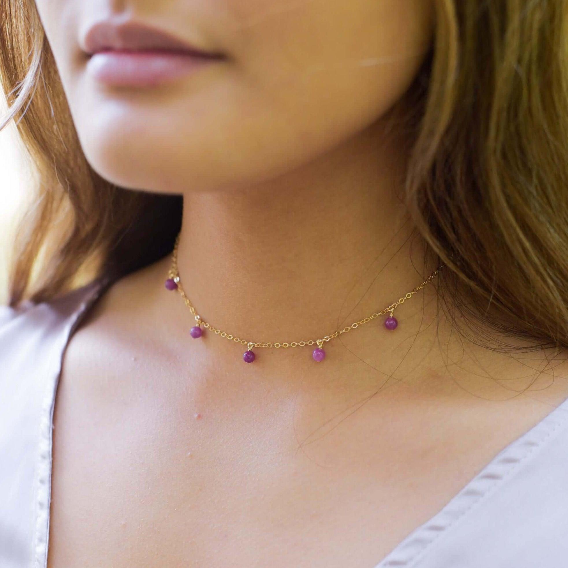 Ruby Bead Drop Choker - Ruby Bead Drop Choker - 14k Gold Fill - Luna Tide Handmade Crystal Jewellery