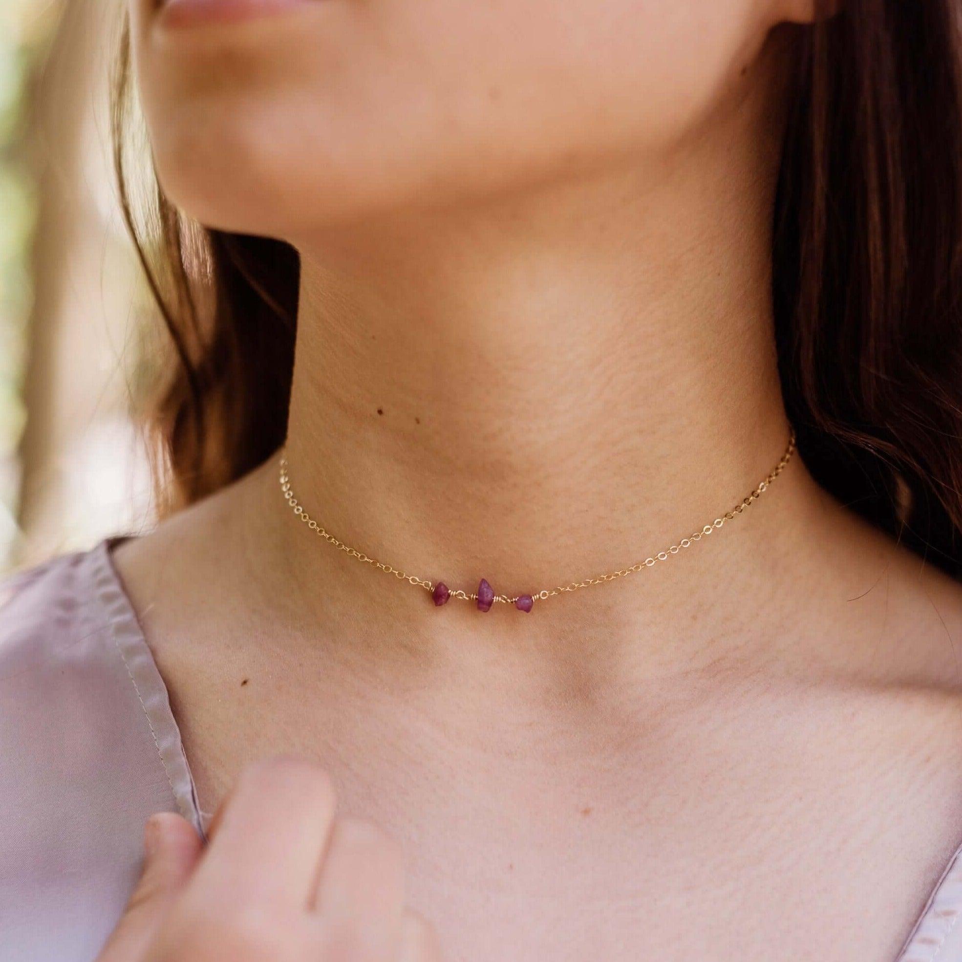 Ruby Beaded Chain Choker Necklace - Ruby Beaded Chain Choker Necklace - Sterling Silver - Luna Tide Handmade Crystal Jewellery