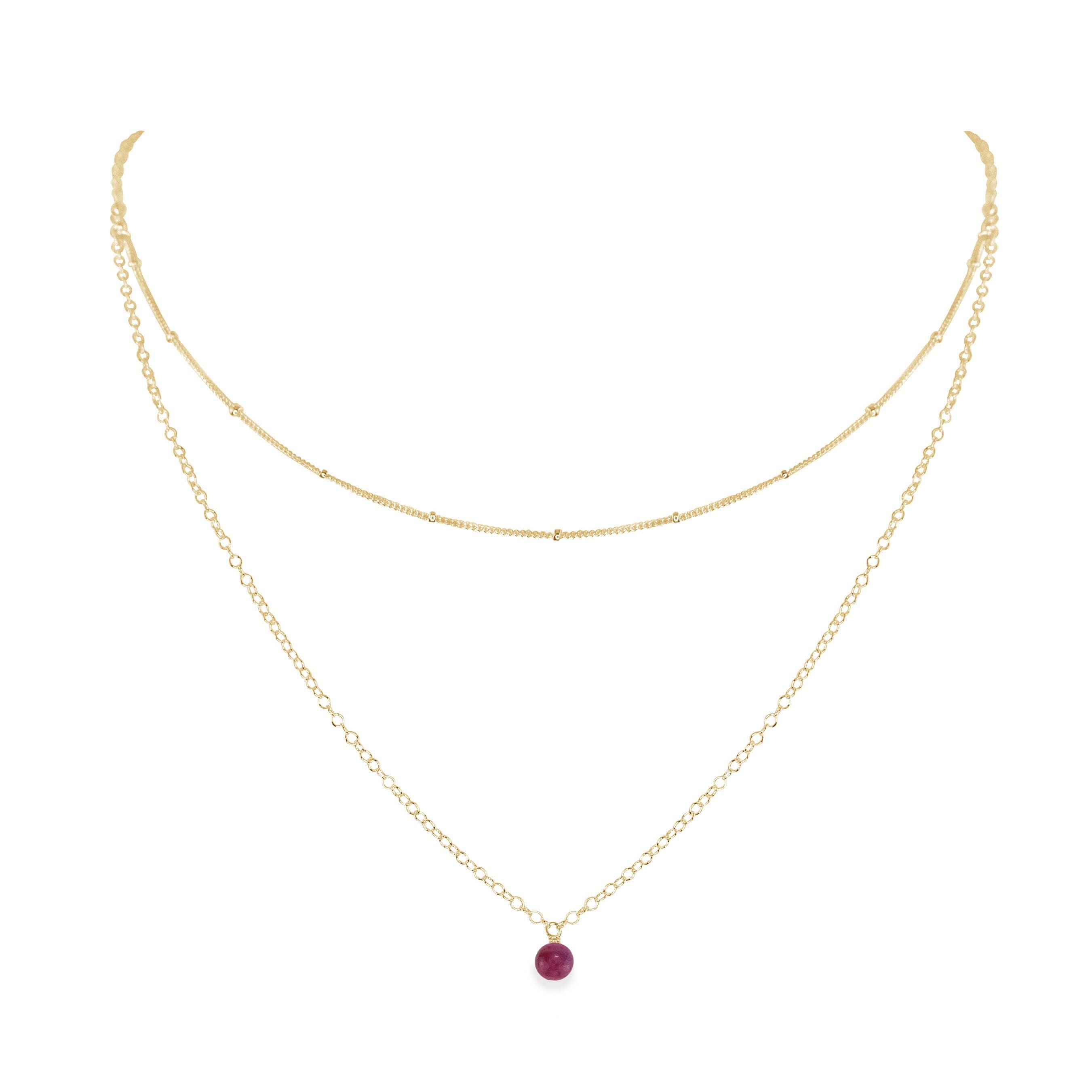Ruby Gemstone Chain Layered Choker Necklace - Ruby Gemstone Chain Layered Choker Necklace - 14k Gold Fill - Luna Tide Handmade Crystal Jewellery