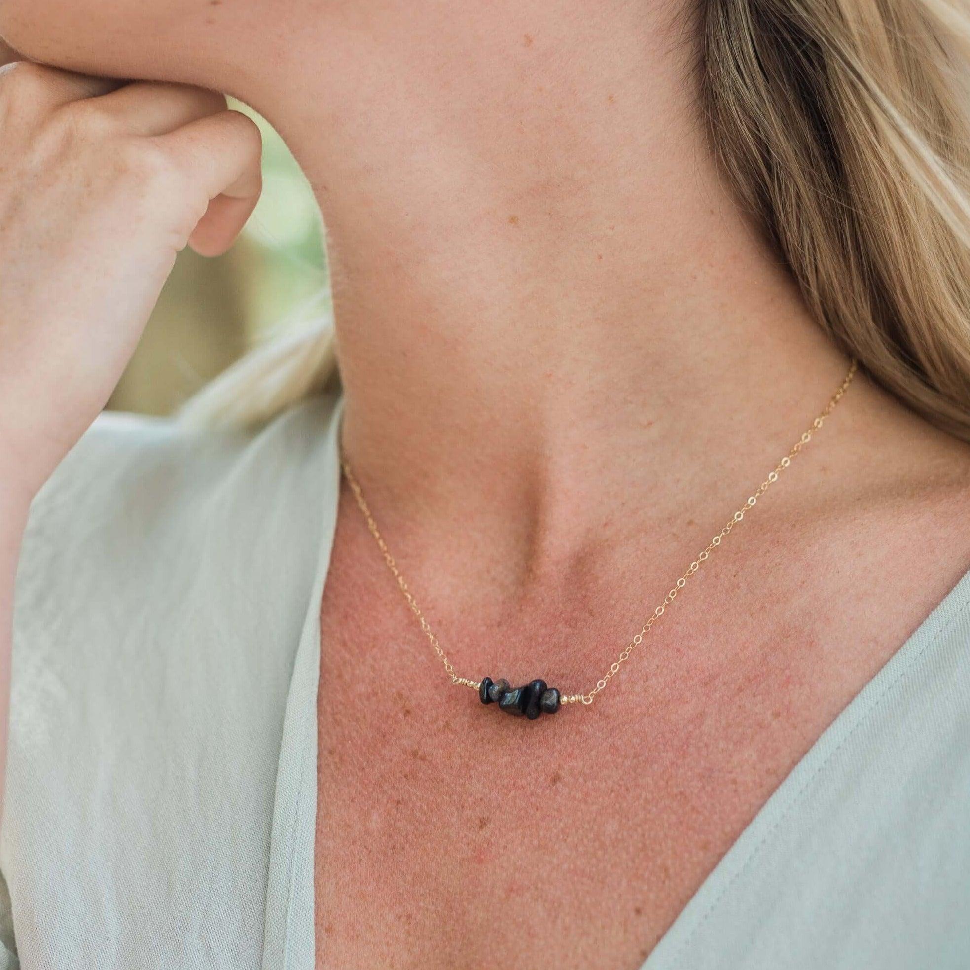 Sapphire Chip Bead Bar Necklace - Sapphire Chip Bead Bar Necklace - 14k Gold Fill - Luna Tide Handmade Crystal Jewellery