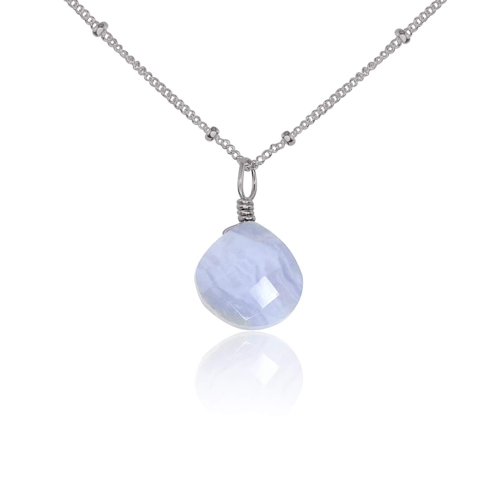 Tiny Blue Lace Agate Teardrop Crystal Necklace - Tiny Blue Lace Agate Teardrop Crystal Necklace - Stainless Steel / Satellite - Luna Tide Handmade Crystal Jewellery