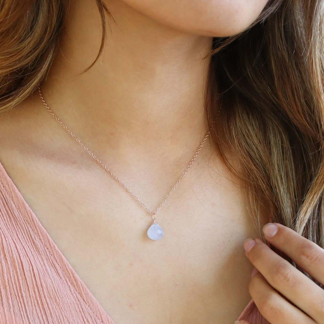 Tiny Blue Lace Agate Teardrop Crystal Necklace - Tiny Blue Lace Agate Teardrop Crystal Necklace - Sterling Silver / Cable - Luna Tide Handmade Crystal Jewellery