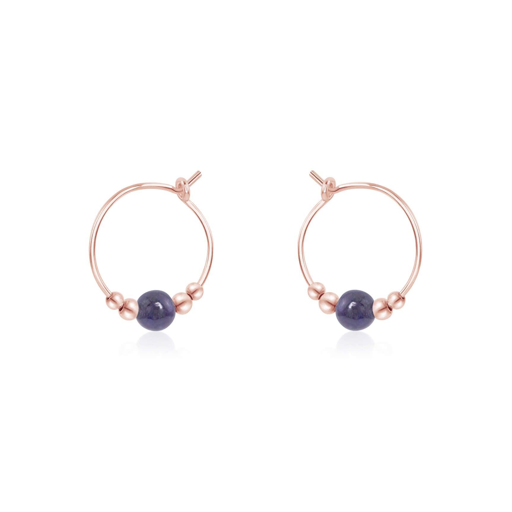 Tiny Iolite Gemstone Bead Hoop Earrings - Tiny Iolite Gemstone Bead Hoop Earrings - 14k Rose Gold Fill - Luna Tide Handmade Crystal Jewellery