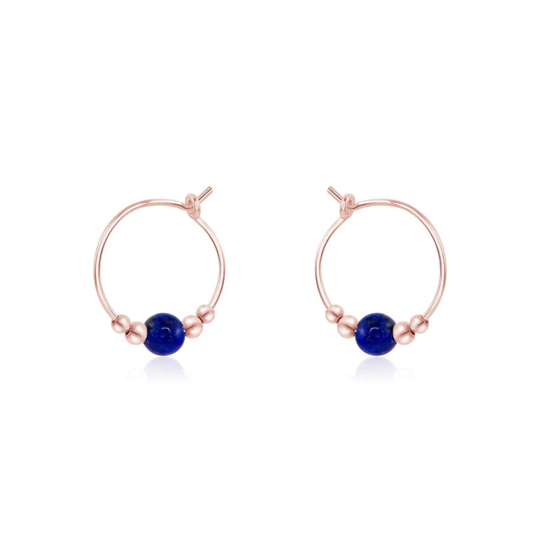 Tiny Lapis Lazuli Gemstone Bead Hoop Earrings - Tiny Lapis Lazuli Gemstone Bead Hoop Earrings - 14k Rose Gold Fill - Luna Tide Handmade Crystal Jewellery