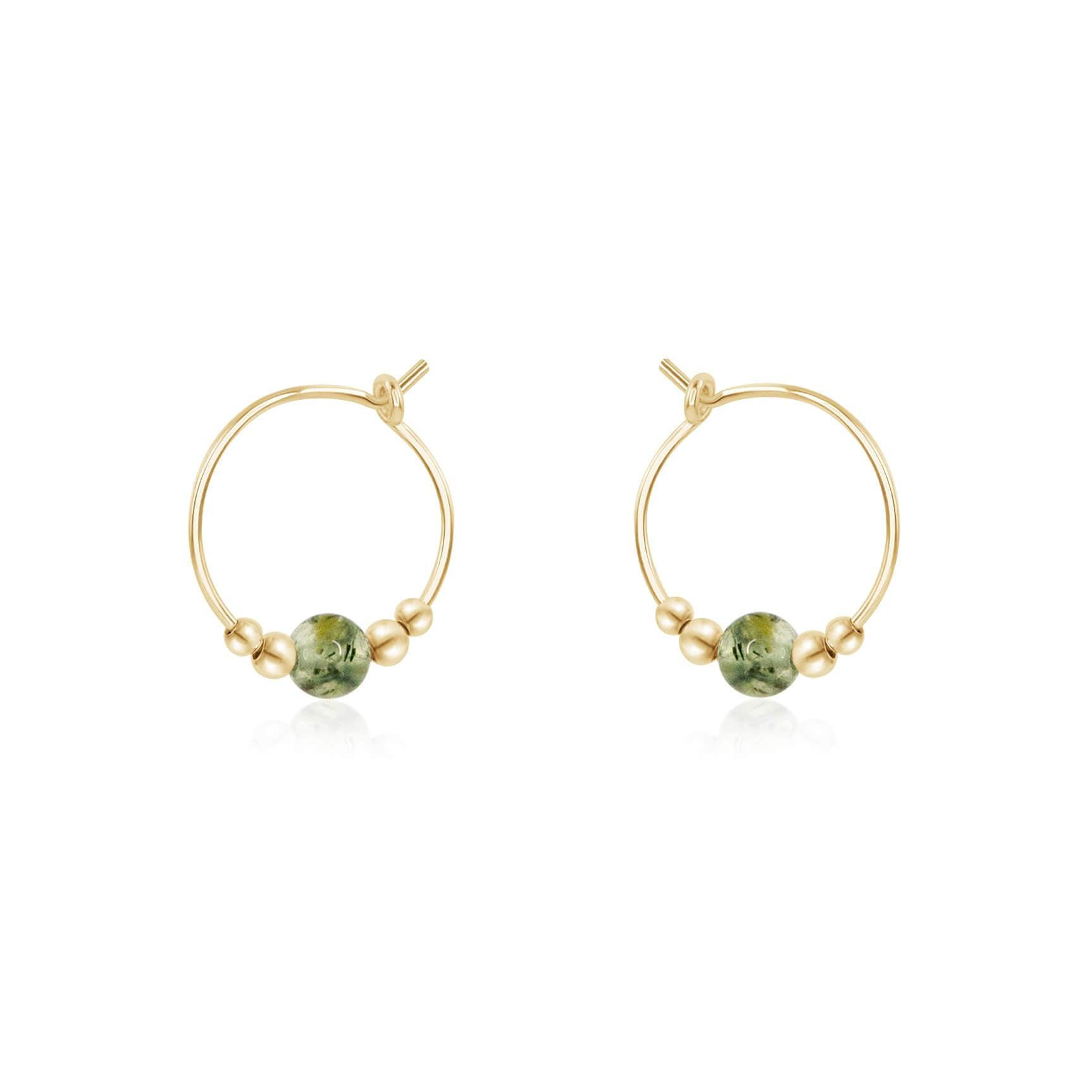 Tiny Prehnite Gemstone Bead Hoop Earrings - Tiny Prehnite Gemstone Bead Hoop Earrings - 14k Gold Fill - Luna Tide Handmade Crystal Jewellery