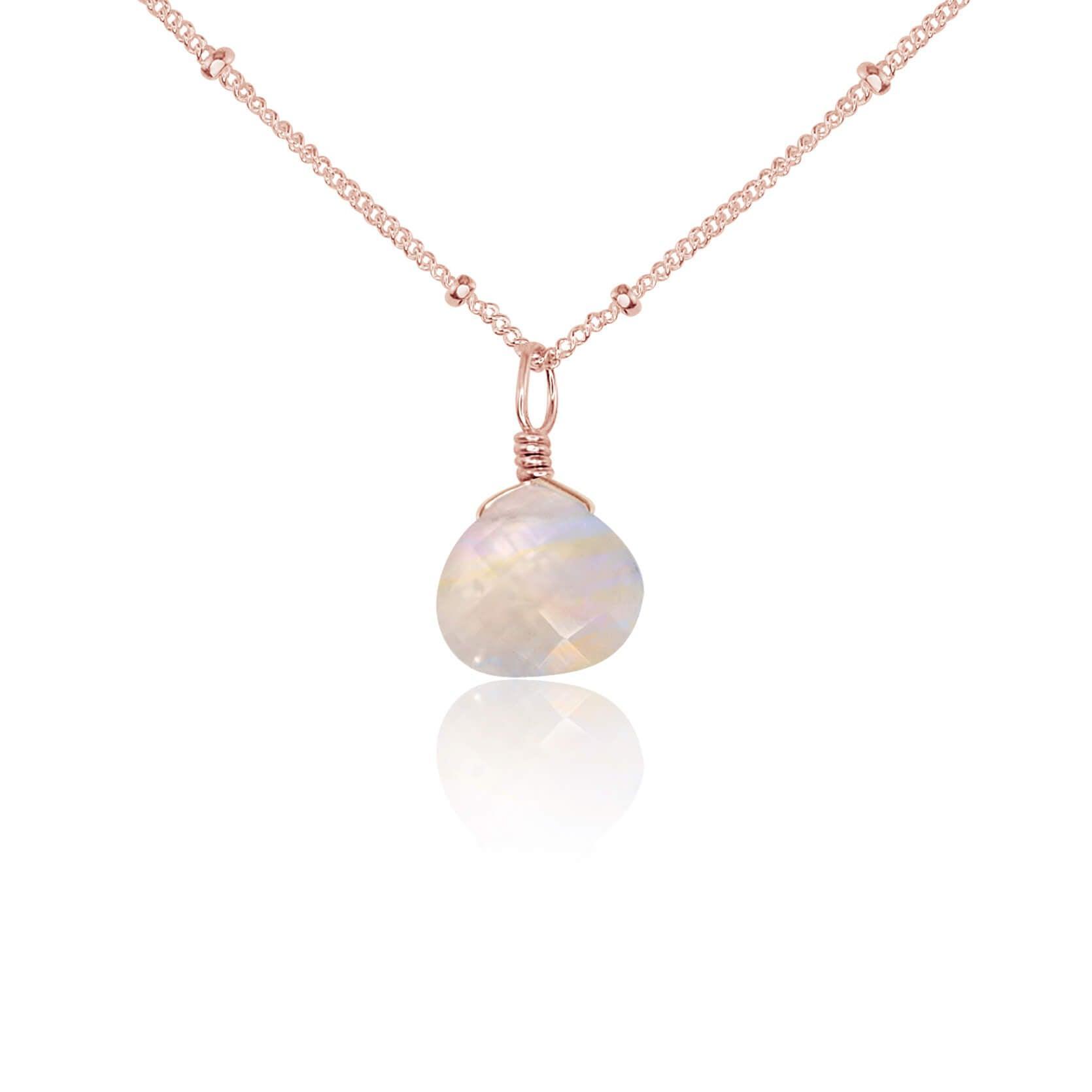 Tiny Rainbow Moonstone Teardrop Crystal Necklace - Tiny Rainbow Moonstone Teardrop Crystal Necklace - 14k Rose Gold Fill / Satellite - Luna Tide Handmade Crystal Jewellery
