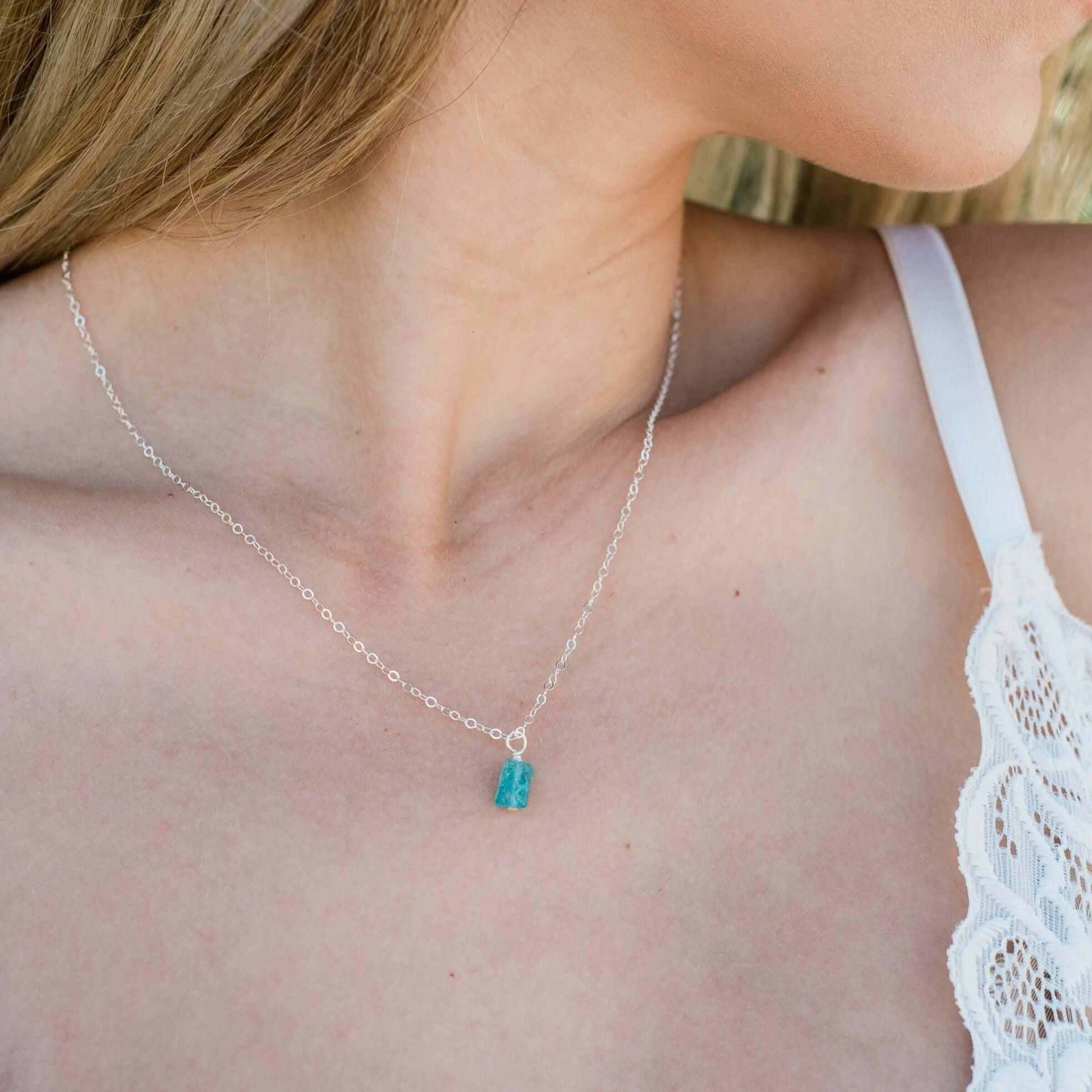 Tiny Raw Apatite Crystal Pendant Necklace - Tiny Raw Apatite Crystal Pendant Necklace - Sterling Silver / Cable - Luna Tide Handmade Crystal Jewellery