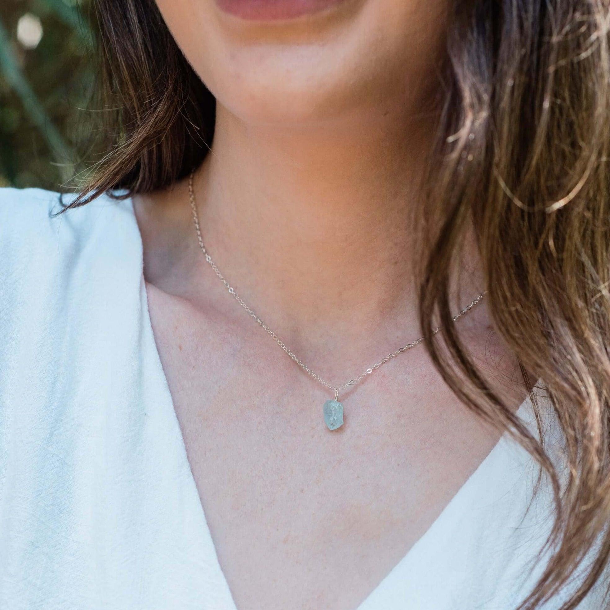 Tiny Raw Aquamarine Pendant Necklace - Tiny Raw Aquamarine Pendant Necklace - Sterling Silver / Cable - Luna Tide Handmade Crystal Jewellery
