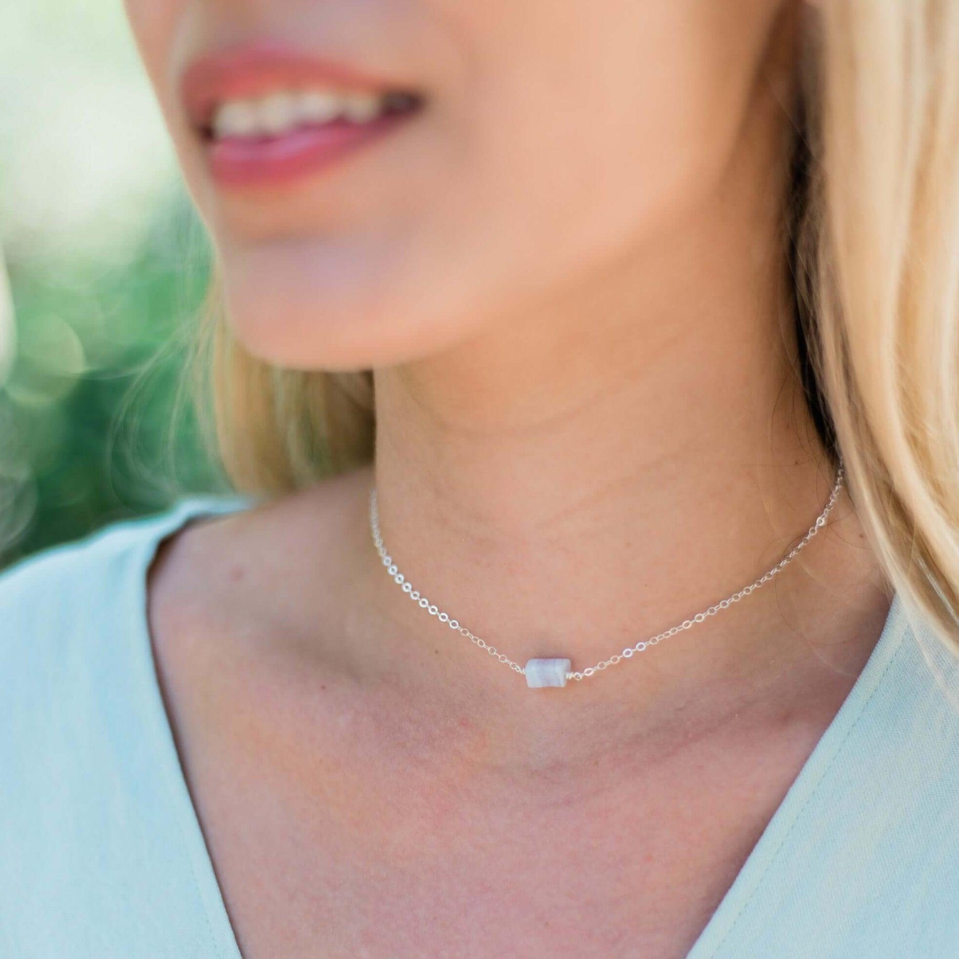 Tiny Raw Blue Lace Agate Crystal Nugget Choker - Tiny Raw Blue Lace Agate Crystal Nugget Choker - Sterling Silver - Luna Tide Handmade Crystal Jewellery