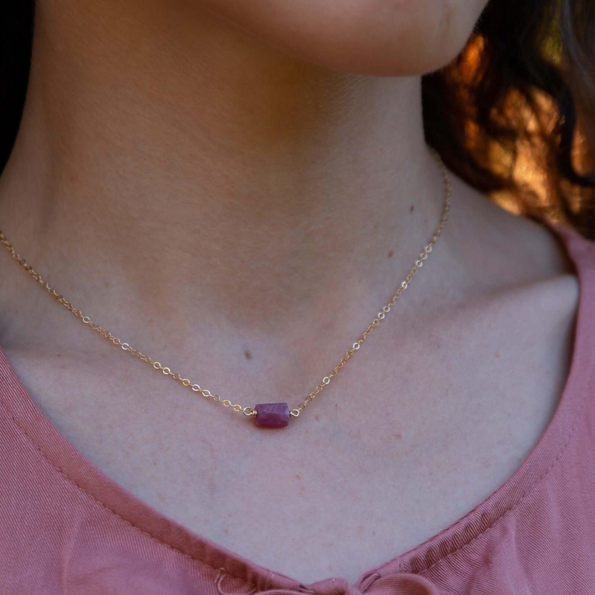 Tiny Raw Earth Red Ruby Crystal Nugget Necklace - Tiny Raw Earth Red Ruby Crystal Nugget Necklace - 14k Gold Fill - Luna Tide Handmade Crystal Jewellery