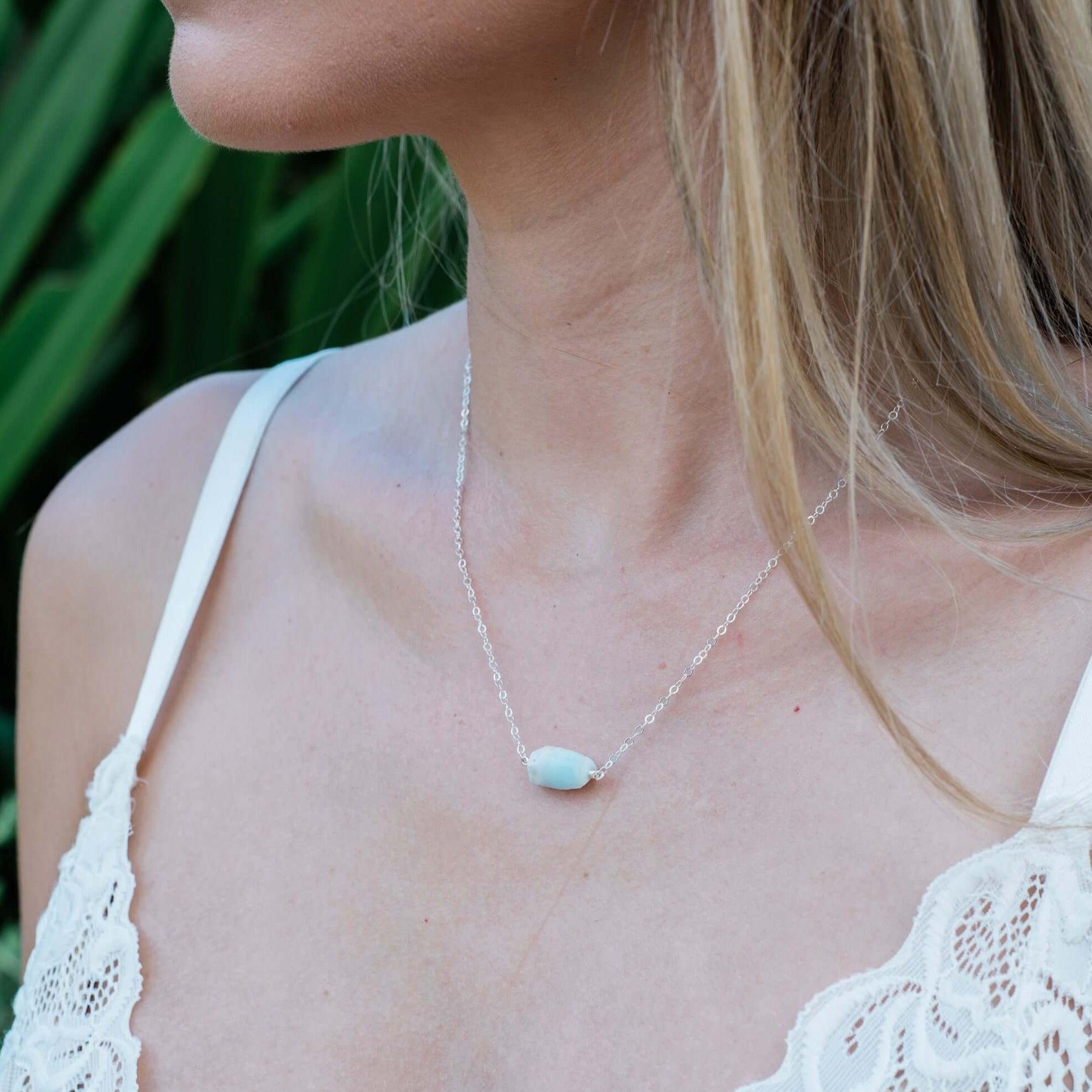 Tiny Raw Larimar Crystal Nugget Necklace - Tiny Raw Larimar Crystal Nugget Necklace - Sterling Silver - Luna Tide Handmade Crystal Jewellery