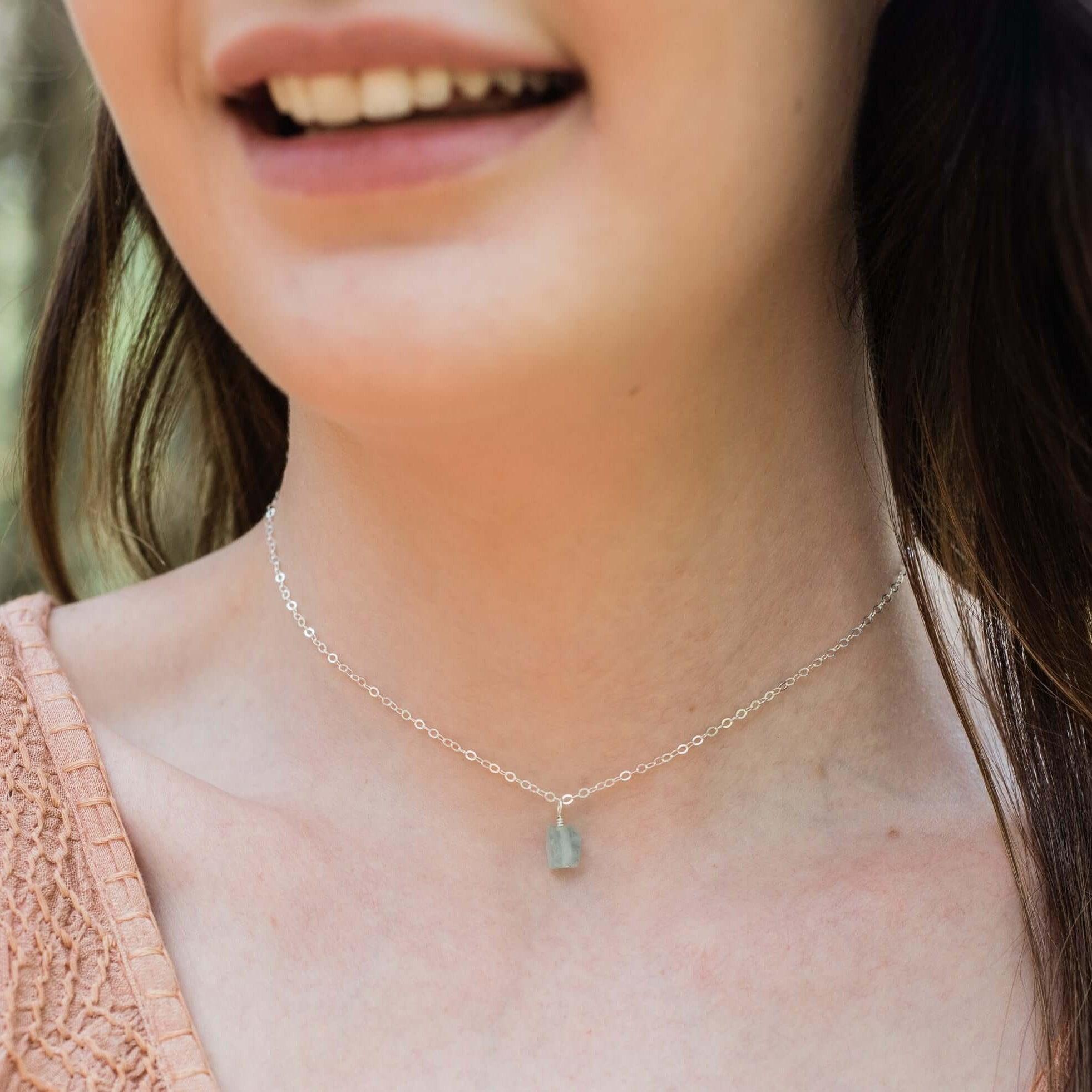 Tiny Rough Aquamarine Gemstone Pendant Choker - Tiny Rough Aquamarine Gemstone Pendant Choker - 14k Gold Fill / Cable - Luna Tide Handmade Crystal Jewellery