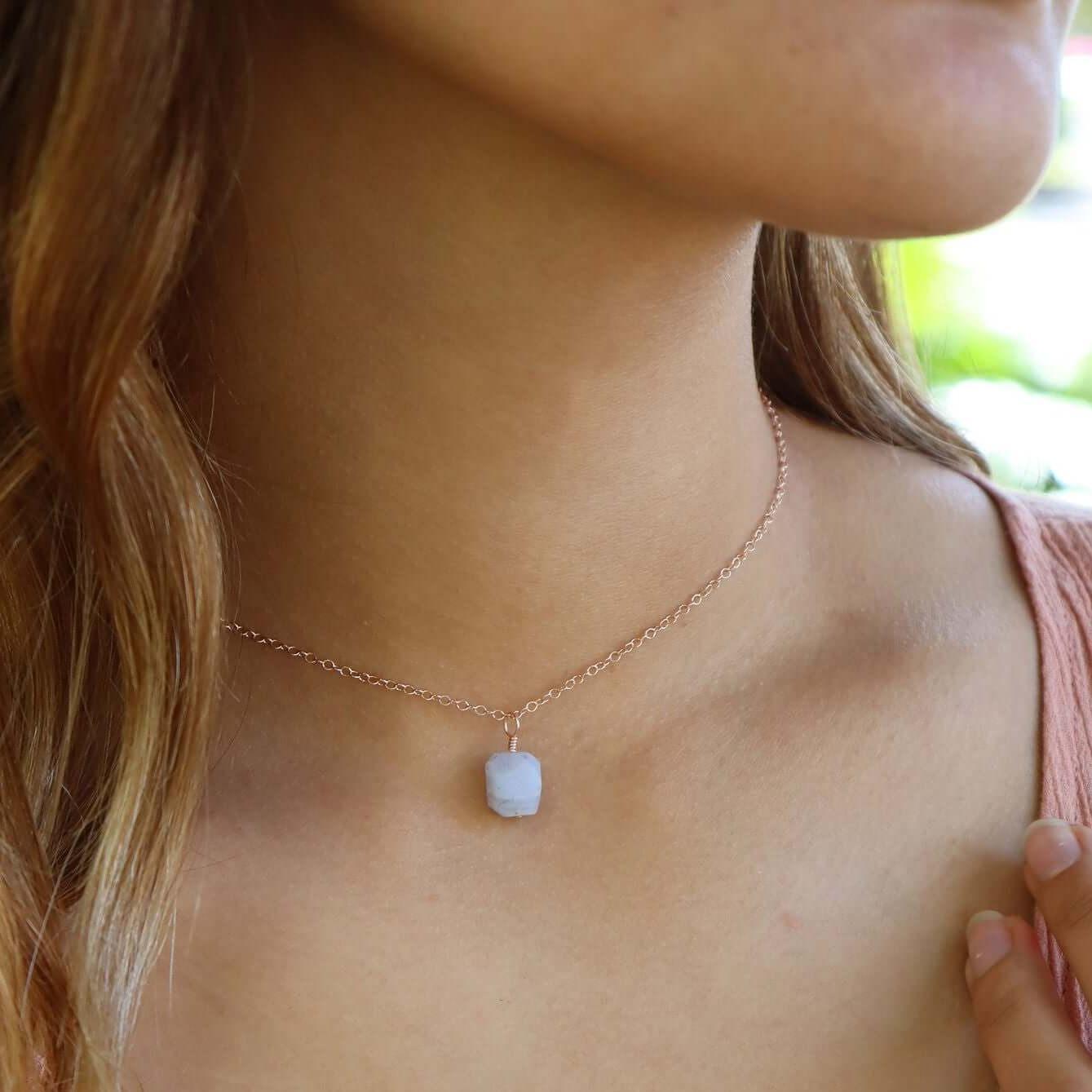 Tiny Rough Blue Lace Agate Gemstone Pendant Choker - Tiny Rough Blue Lace Agate Gemstone Pendant Choker - 14k Gold Fill / Cable - Luna Tide Handmade Crystal Jewellery