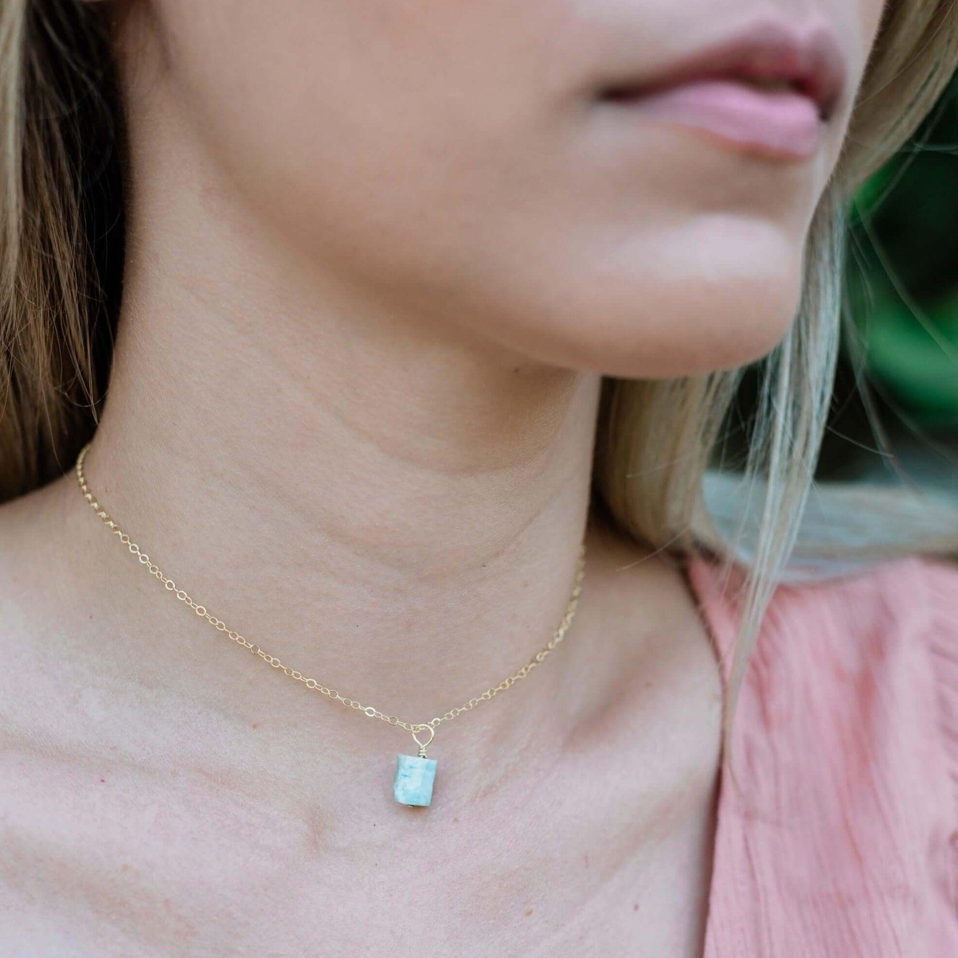 Tiny Rough Larimar Gemstone Pendant Choker - Tiny Rough Larimar Gemstone Pendant Choker - Sterling Silver / Cable - Luna Tide Handmade Crystal Jewellery