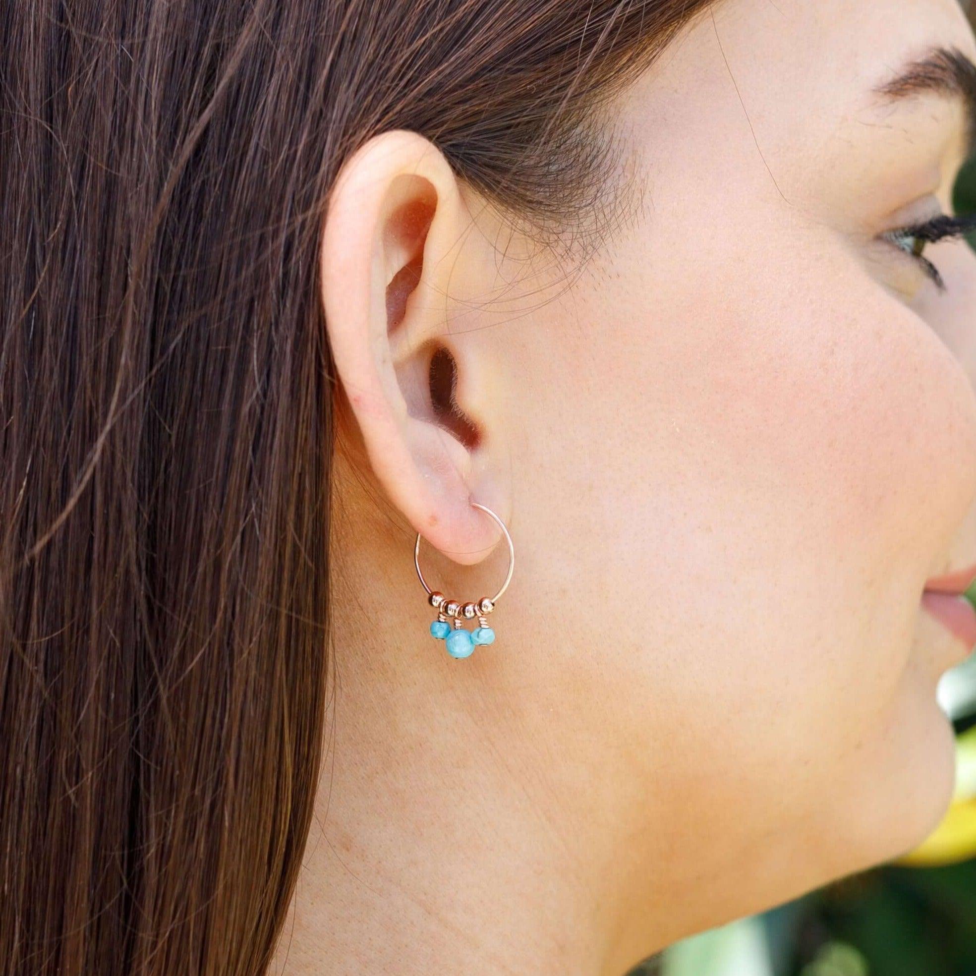 Turquoise Gemstone Bead Drop Hoop Earrings - Turquoise Gemstone Bead Drop Hoop Earrings - Sterling Silver - Luna Tide Handmade Crystal Jewellery