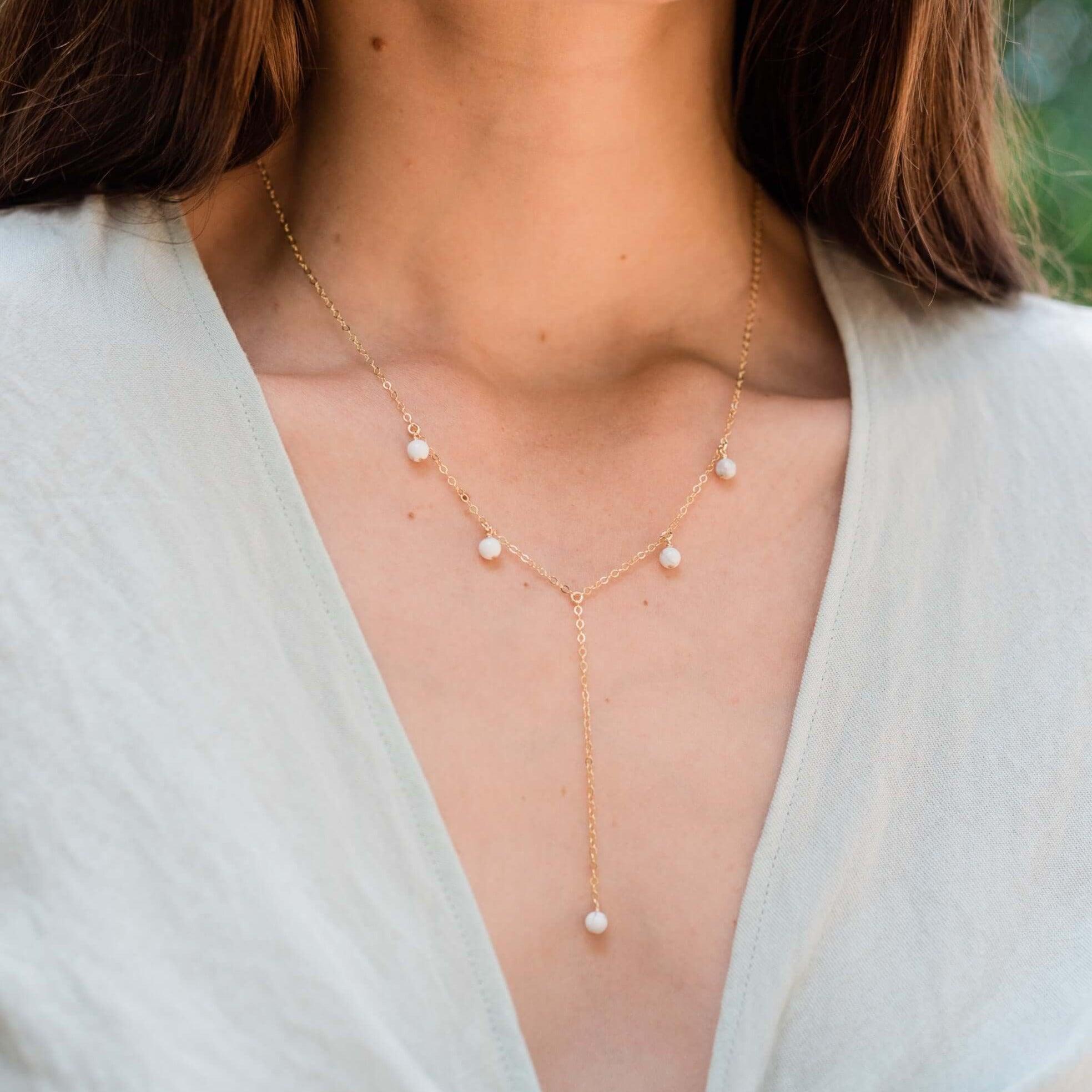 White Howlite Boho Lariat Necklace - White Howlite Boho Lariat Necklace - 14k Gold Fill - Luna Tide Handmade Crystal Jewellery