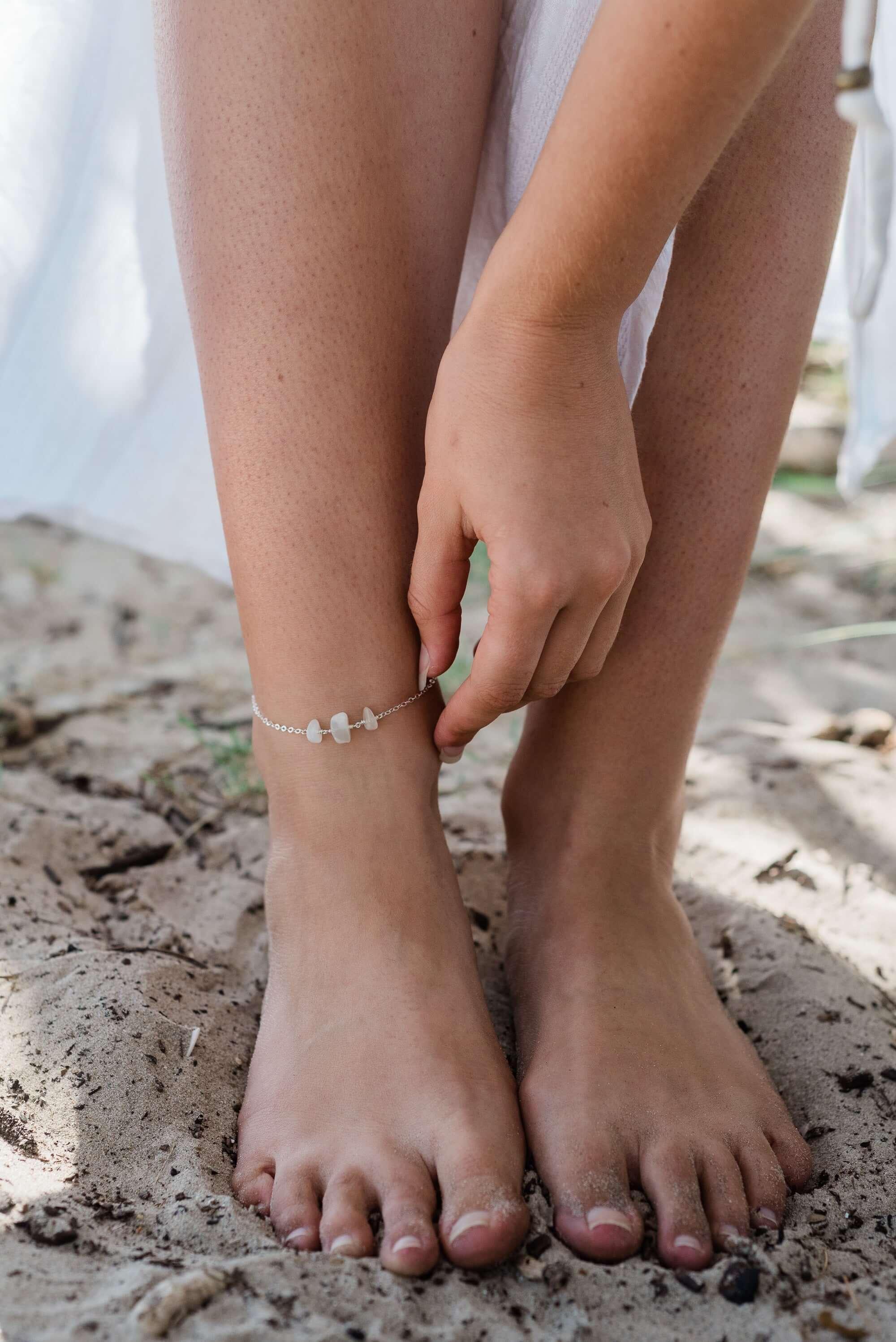 White Moonstone Beaded Chain Anklet - White Moonstone Beaded Chain Anklet - Sterling Silver - Luna Tide Handmade Crystal Jewellery