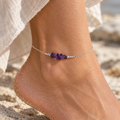 Amethyst Crystal Chip Bead Bar Anklet