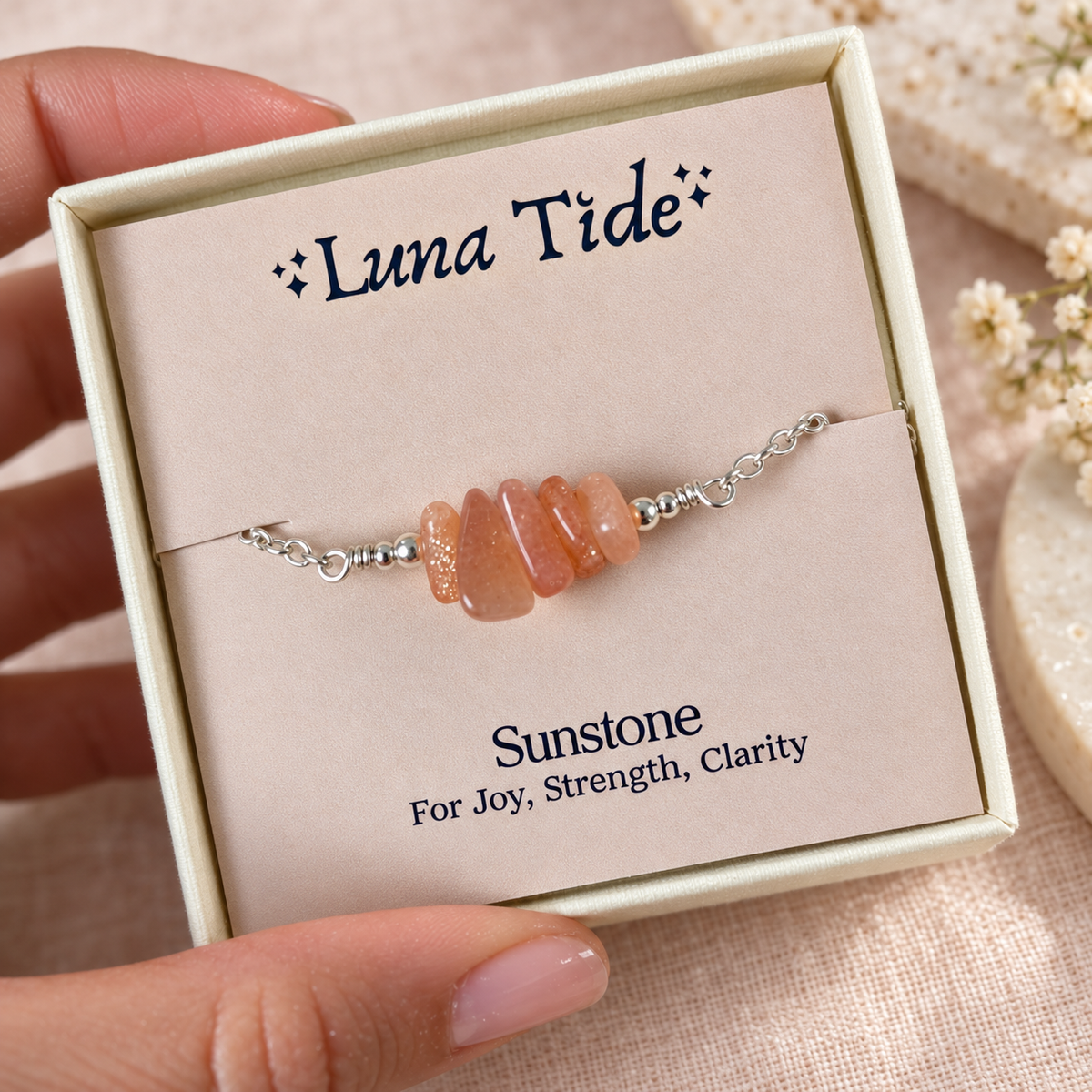 Sunstone Crystal Chip Bead Bar Bracelet