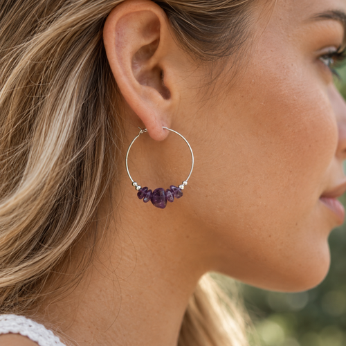 Amethyst Crystal Chip Large Hoop Earrings