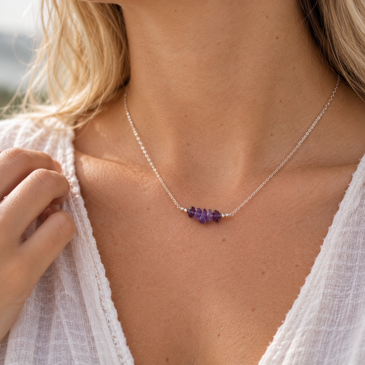 Amethyst Chip Bead Bar Necklace