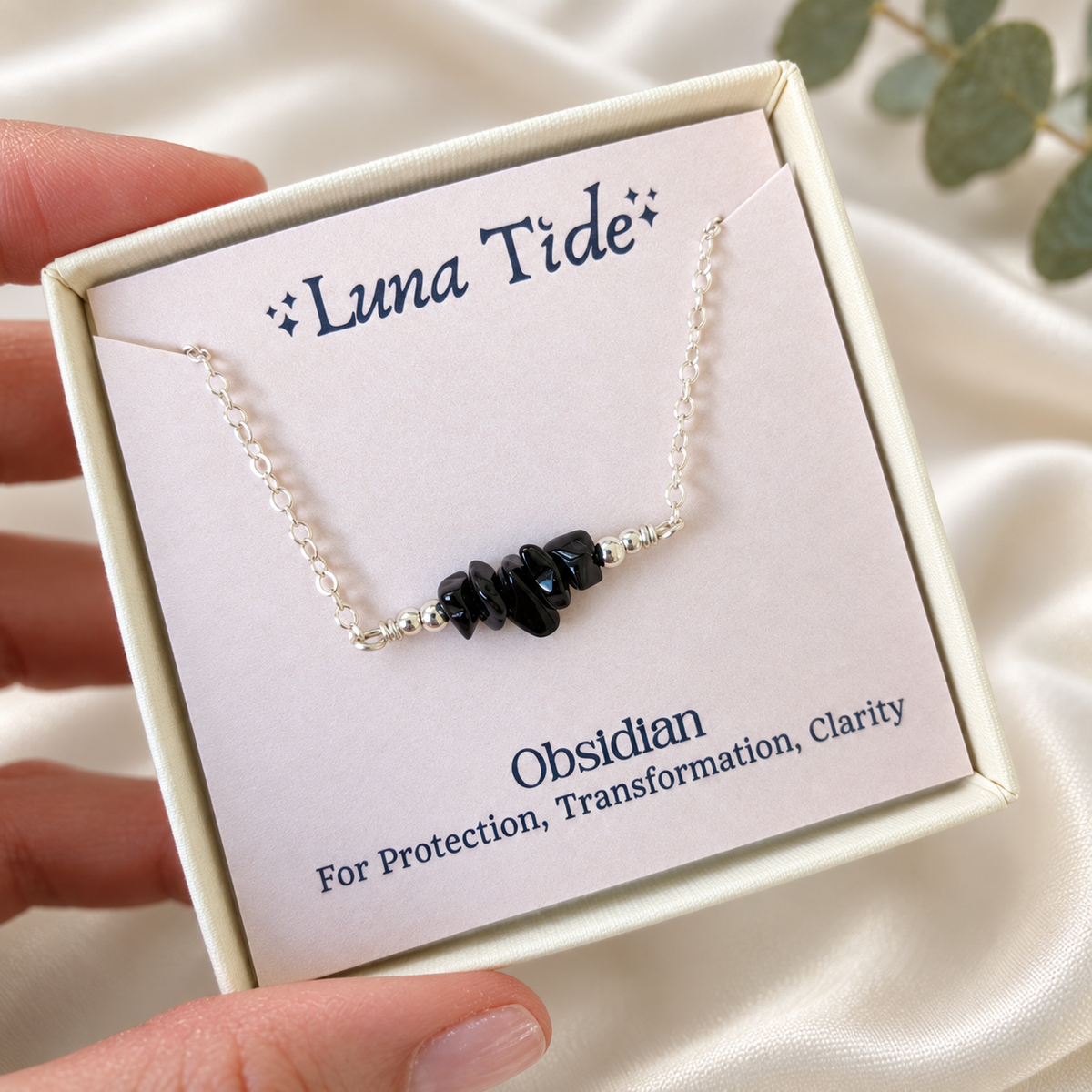 Obsidian Crystal Chip Bead Bar Necklace